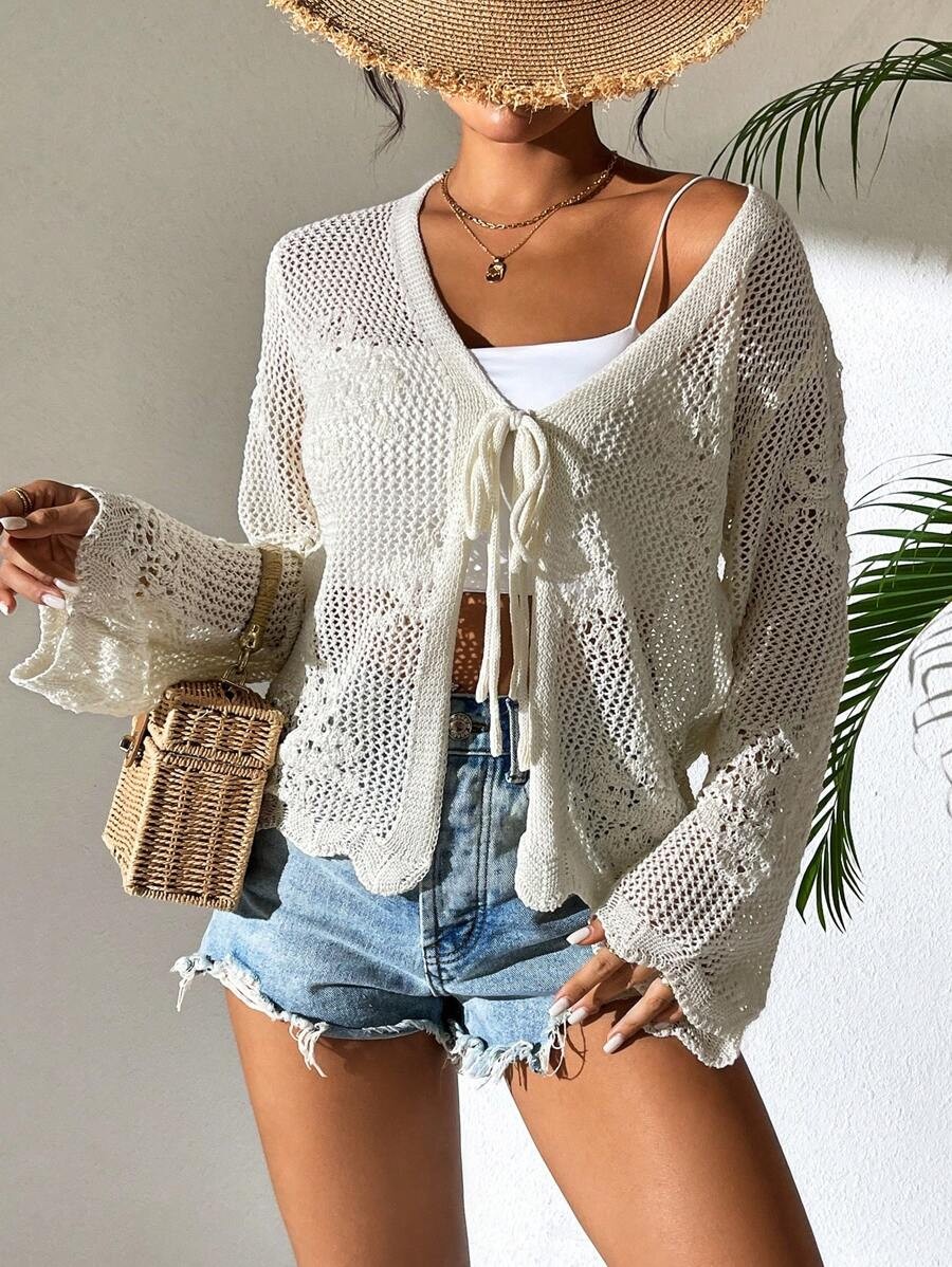 Women’s White Tie Front Cardigan Openwork Crochet Beach Cover Up Sweater