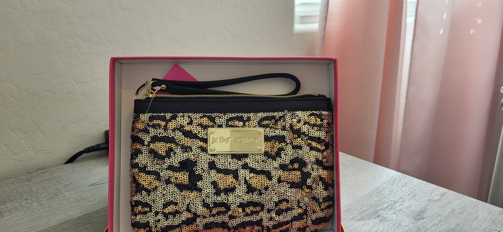 Betsy Johnson Black/gold Sequin Wristlet. NEW IN BOX