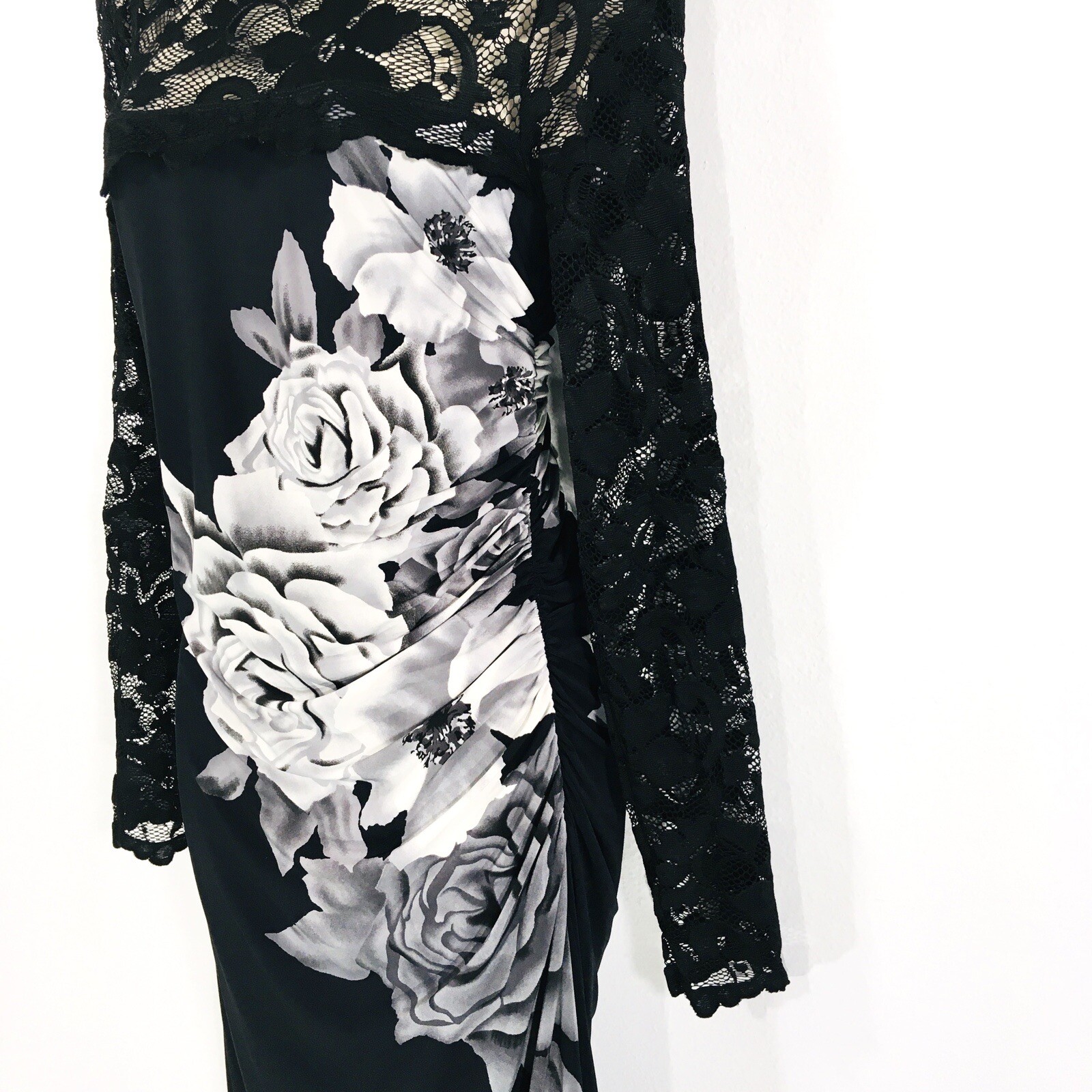 Phase Eight Black Silky Jersey & Lace Ruched Midi Dress Sz 14 Fairy Whimsy Goth