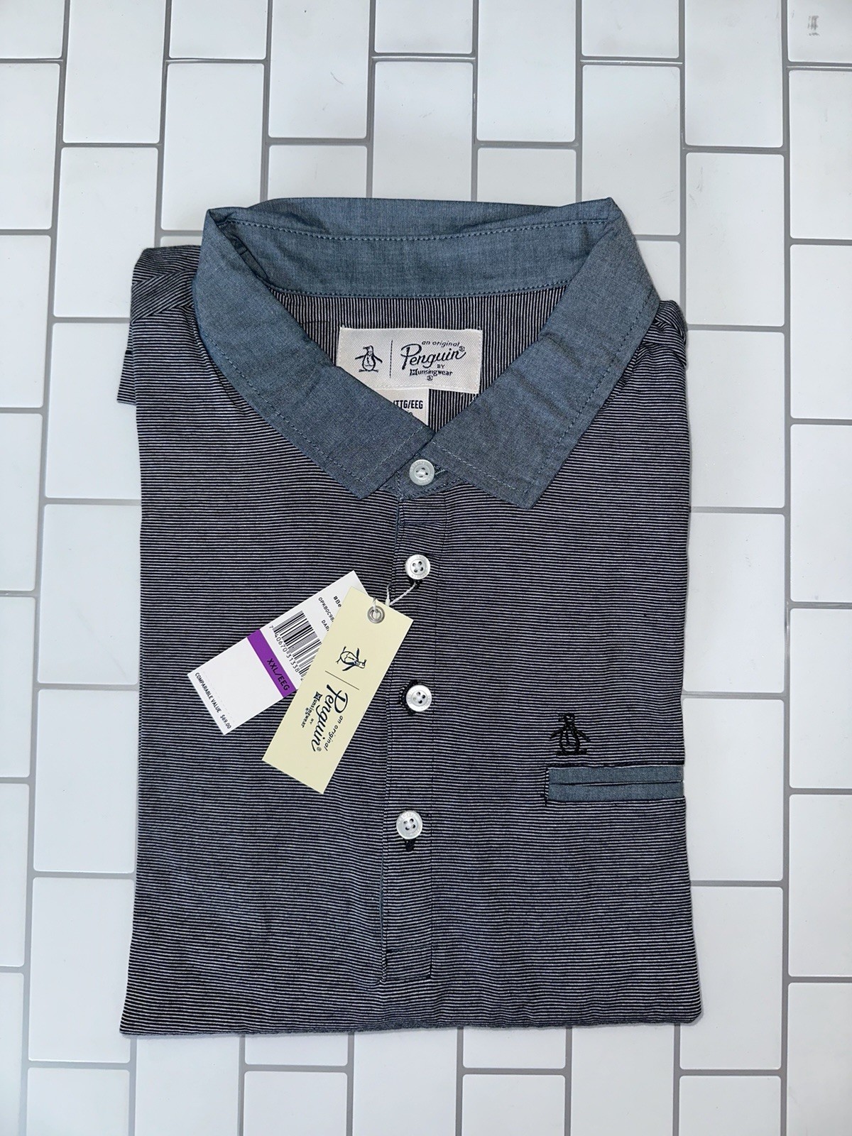 NWT Original Penguin Polo Men’s XXL navy/gray micro stripe 100% Cotton Shirt