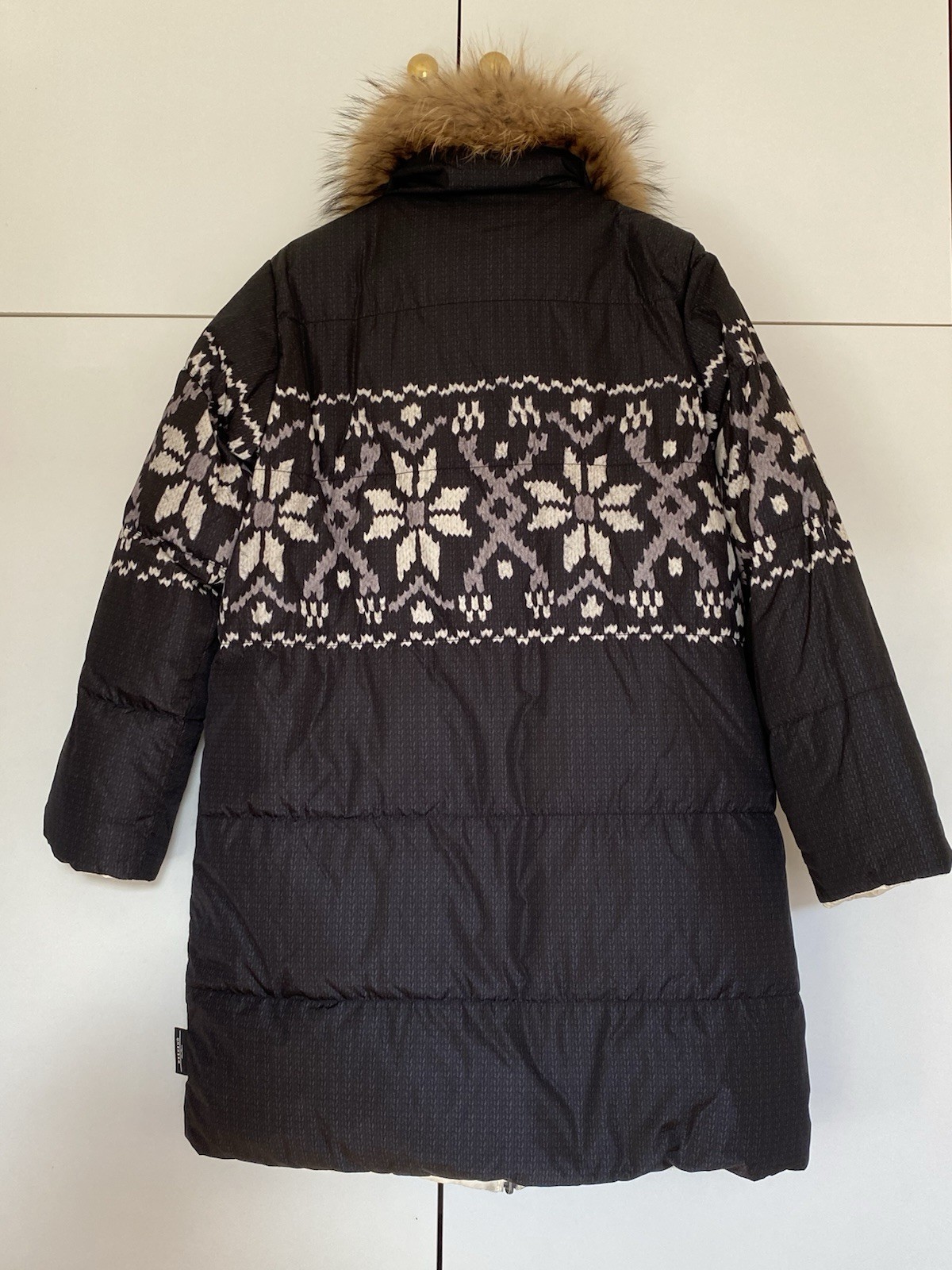 Weekend Max Mara L reversible Long Down Puffer Coat Hooded Fur Trim rare