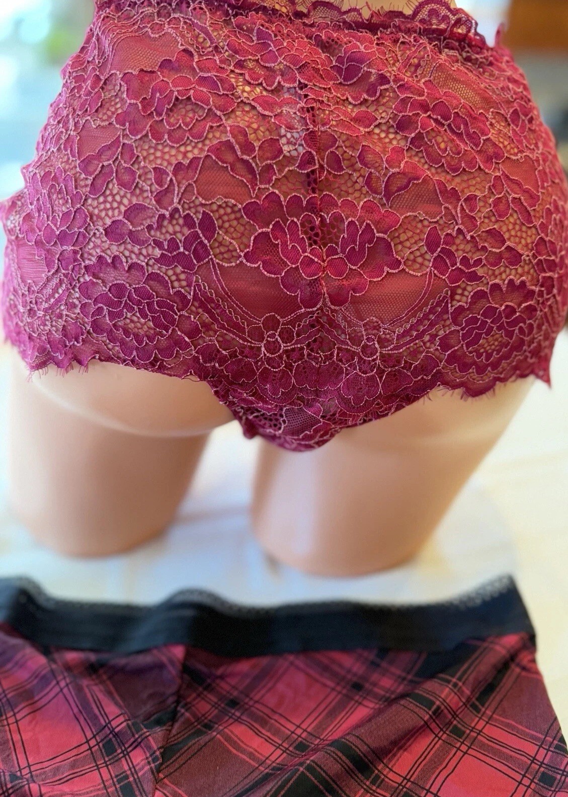 Set 2 Cacique Panties High Cut Lace Berry & Red Black Plaid Boyshort 14 16 XXL