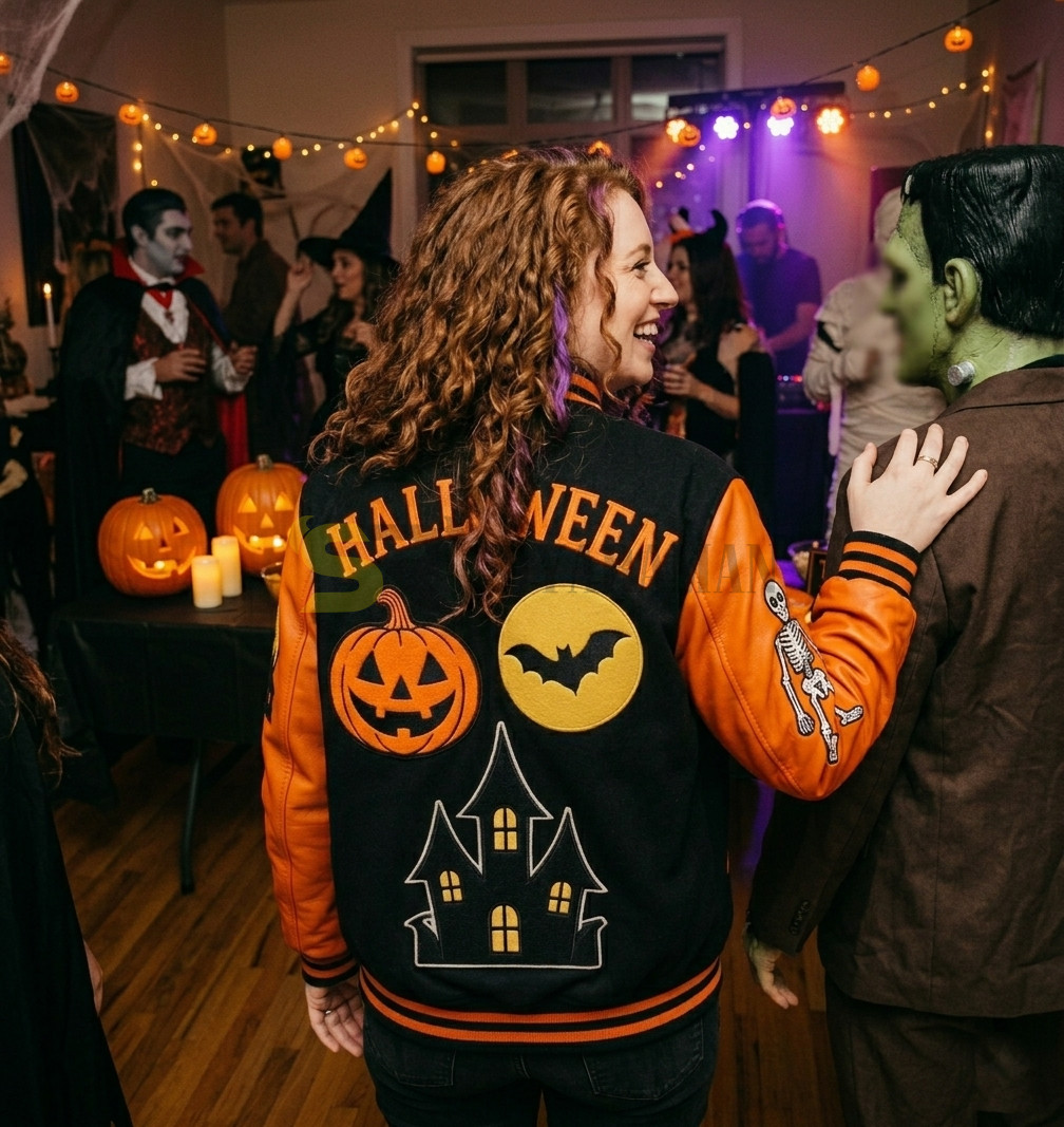 Halloween Varsity Jacket Mens Womens Wool Letterman Genuine Leather Sleeves