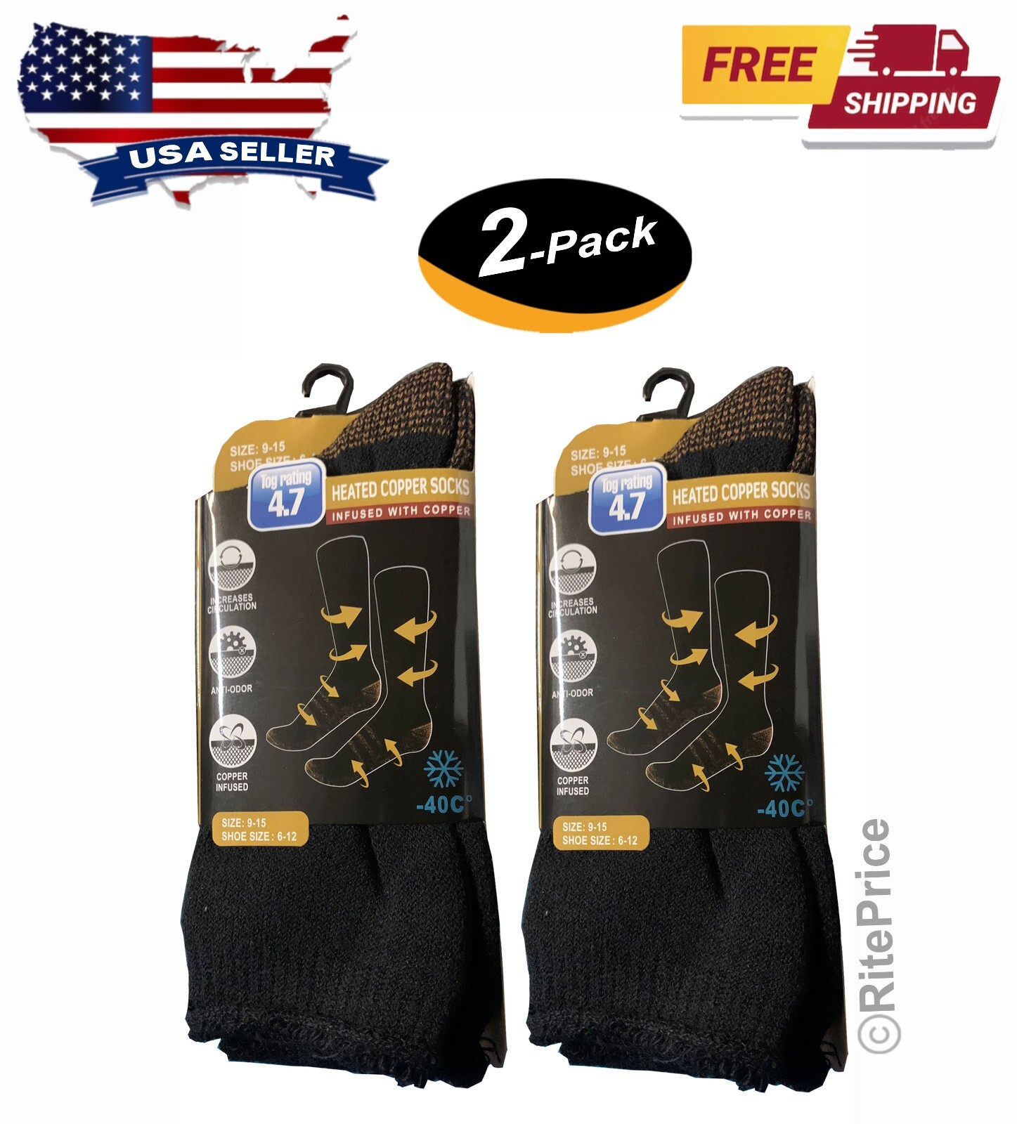 2 Pairs (2 Pack) Goldstar Heated Copper Socks Black Tog Rating 4.7 (Size: 9-15)