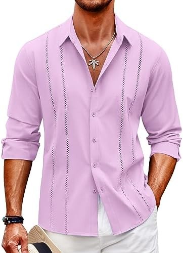 Coofandy Mens Cuban Guayabera Shirt Casual Button Down Shirts Long Sleeve Summer