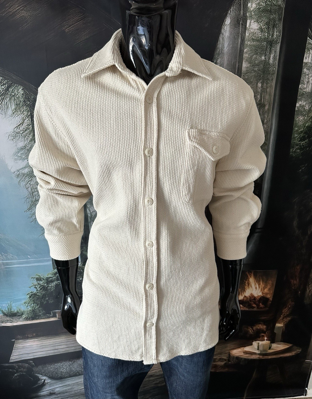 Taylor Stitch LS Sashiko Cream Utility Button Up Shirt Size 46 NWOT $155