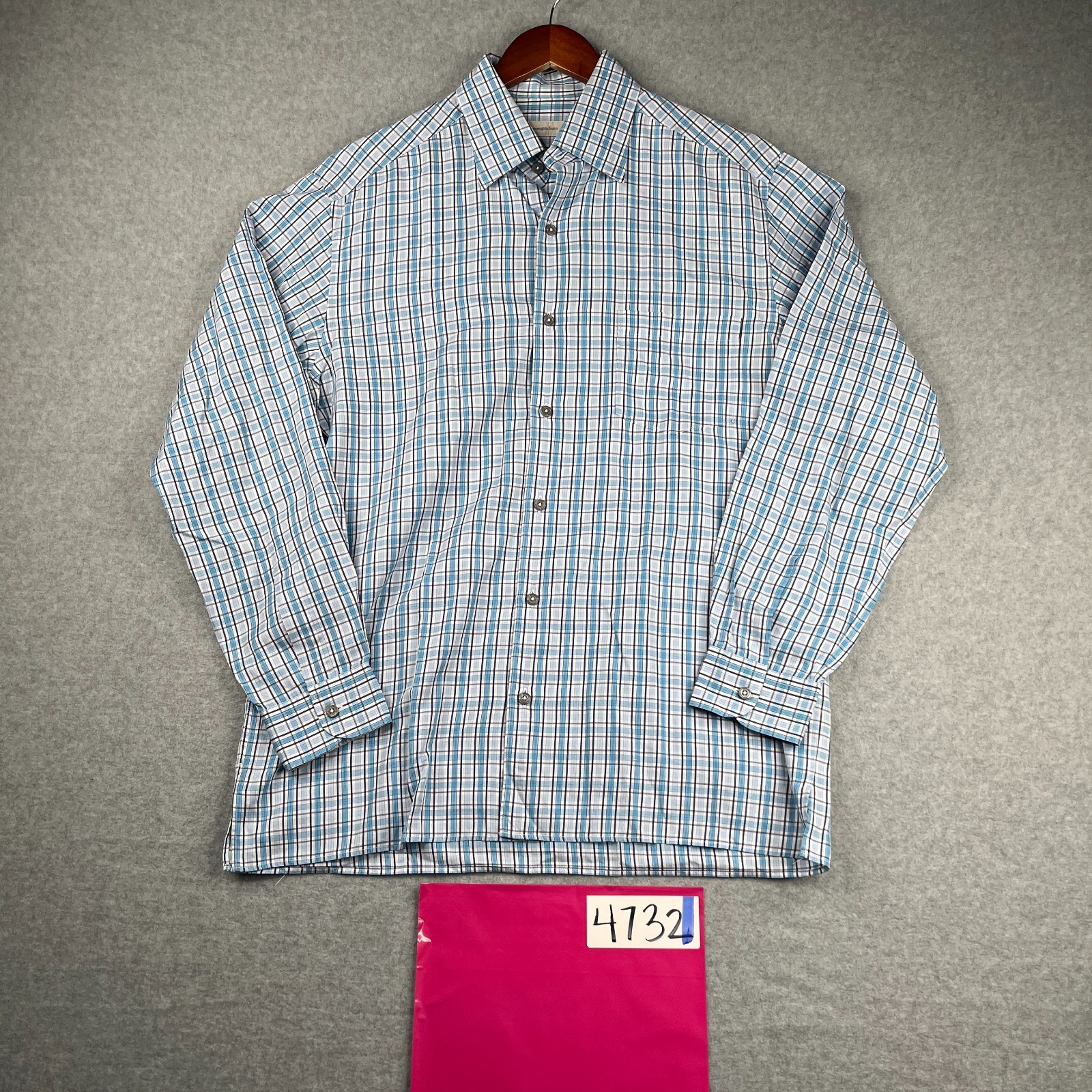 Ermenegildo Zegna Shirt Large Blue Plaid Button Up Long Sleeve Made In Italy