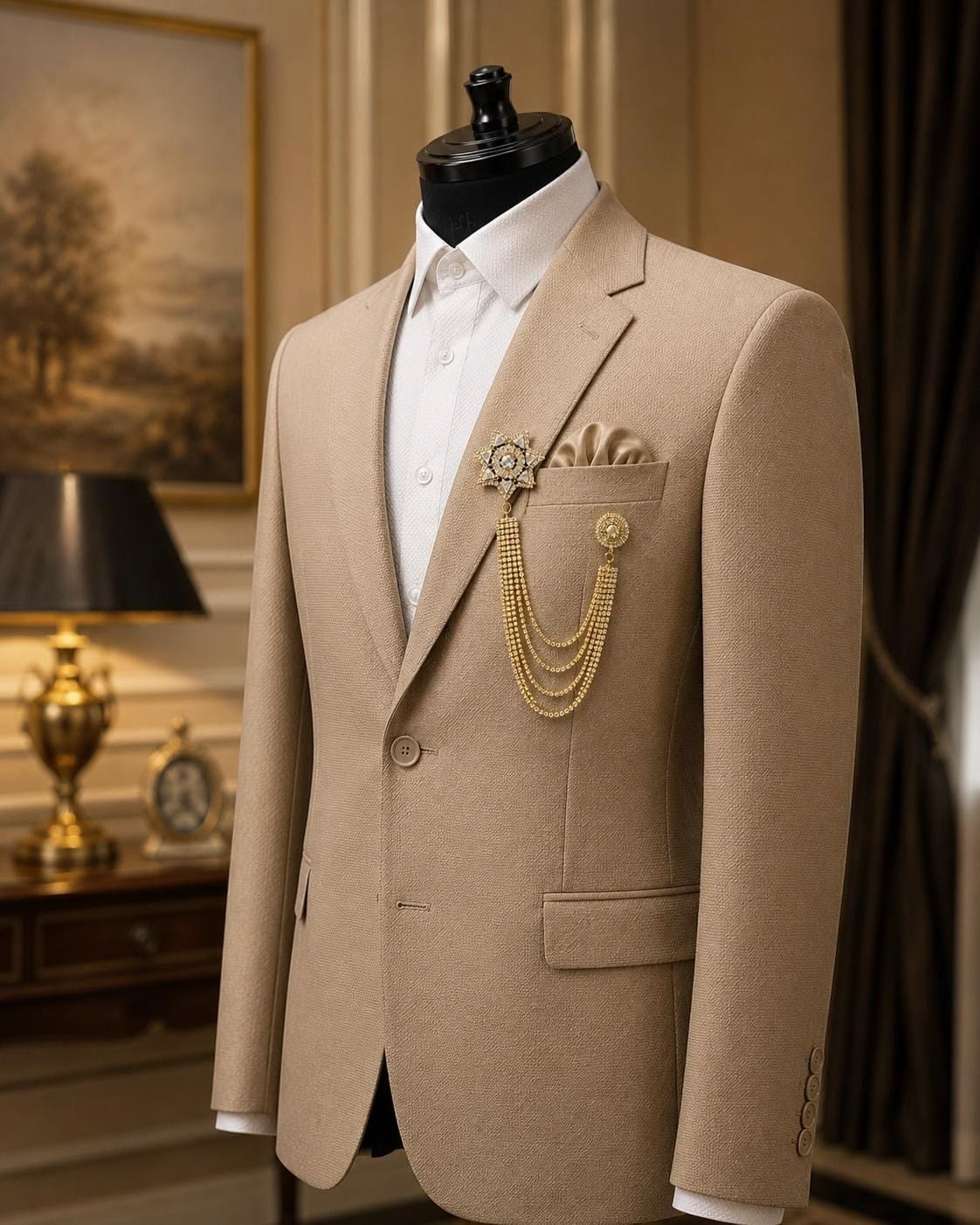 Beige Men’s Suits Regular Fit Notch Lapel Jacket Tuxedos 2Pcs Casual Wear Coat