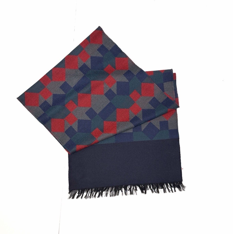 Vintage Wool Long Scarf Geometric Red Blue West Germany Men’s Women’s Winter
