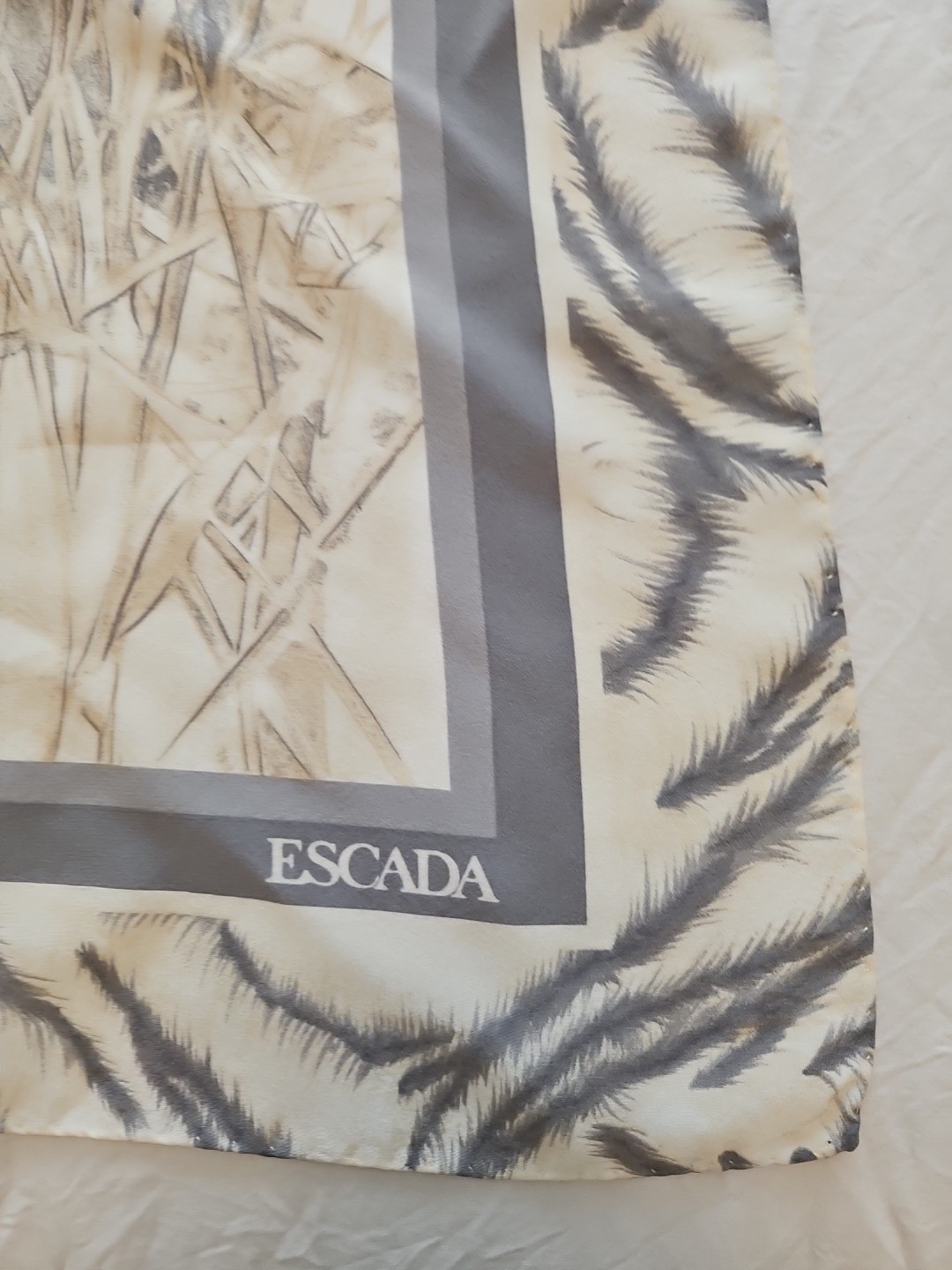 Escada 35 In Square Silk Scarf Beige Gray Animal Print