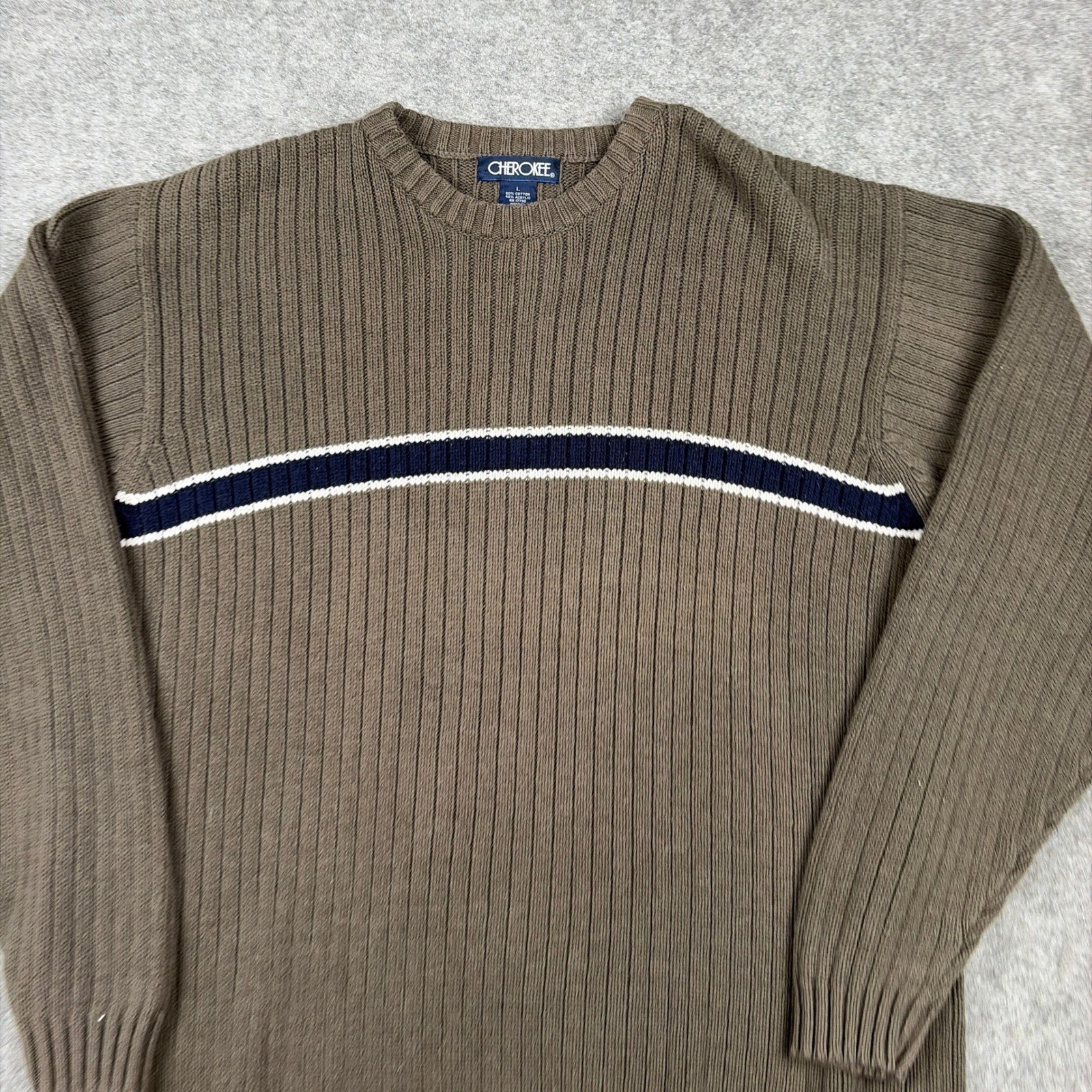 Cherokee Sweater Mens Large Brown Ribbed Knit Striped Crewneck Old Money Outdoor