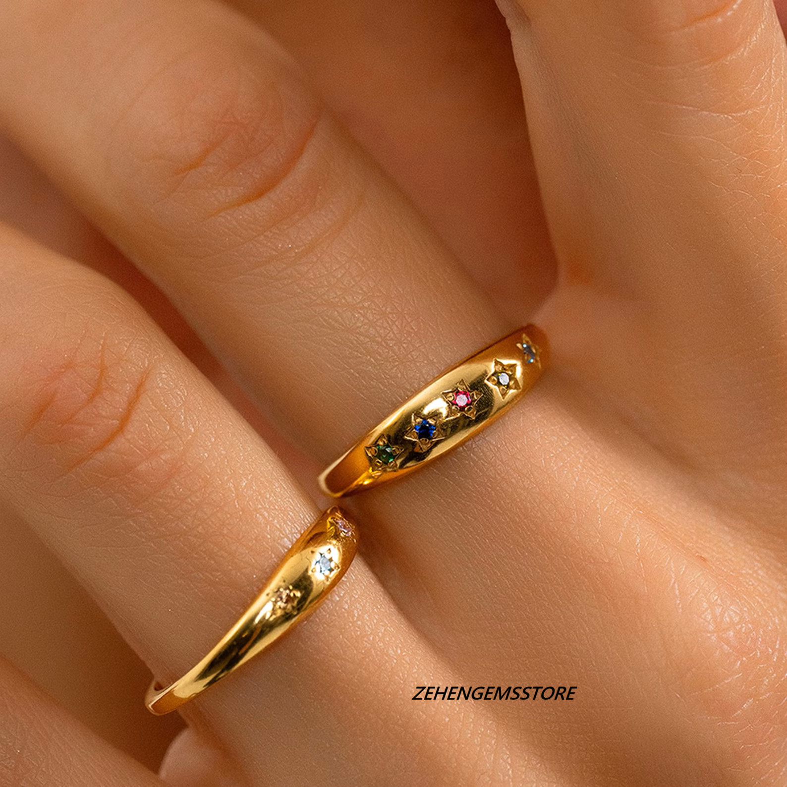 Lab Created Rainbow Gemstone Star Ring Gold Plated Sterling Silver Band