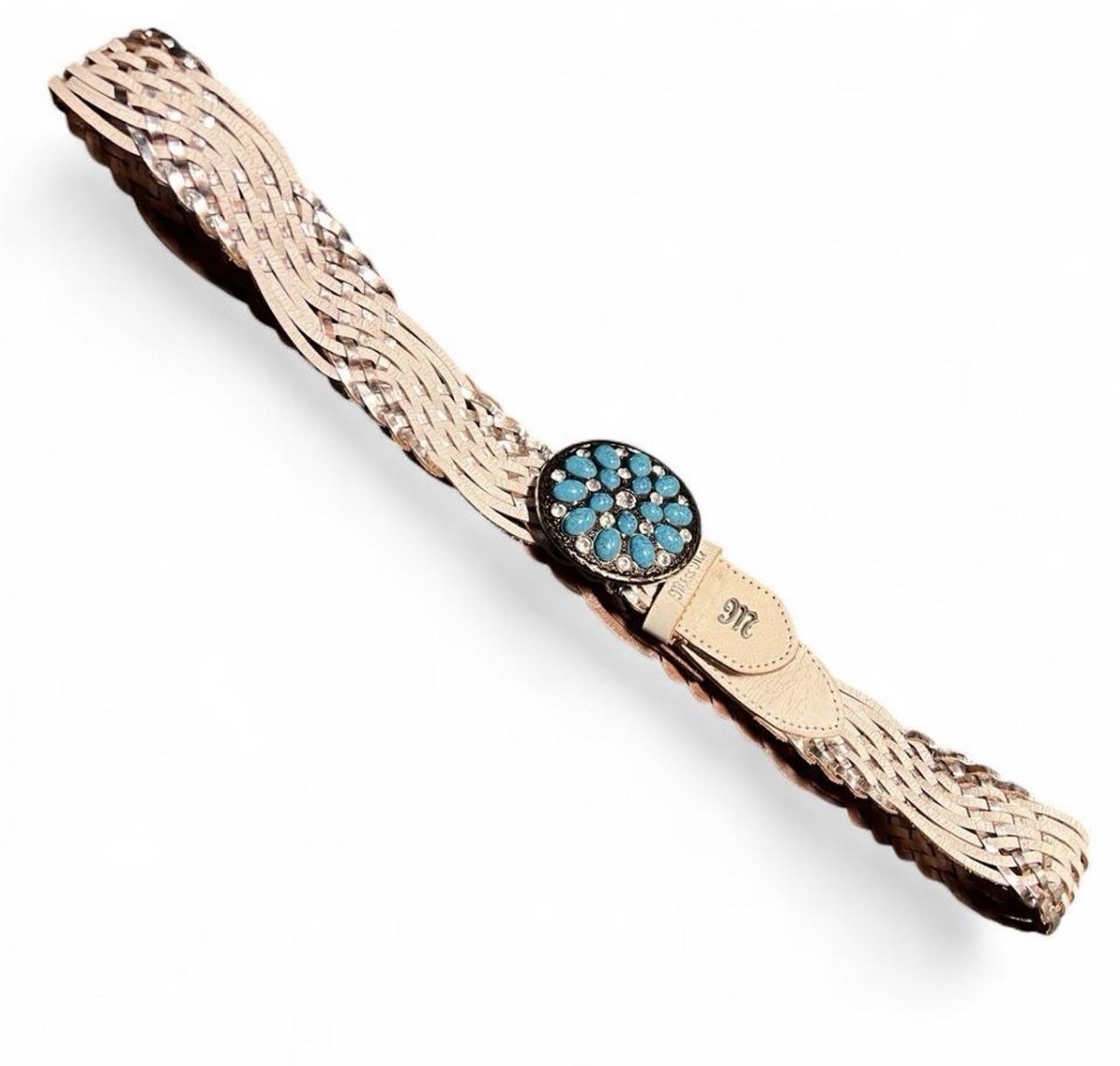 Women’s Tan Braided Belt Western Turquoise Rhinestone Concho Buckle M