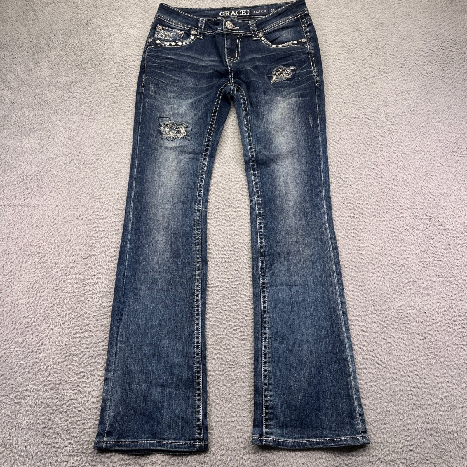 Grace in LA Jeans Womens 28×33 Blue Low Rise Bootcut Embellished Embroidered