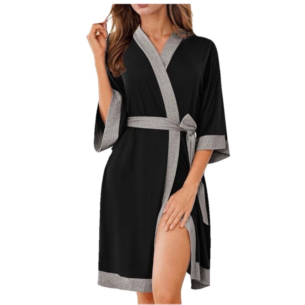 Ekouaer Robe Womens MEDIUM Knee Length Bathrobe Kimono Robe 3/4 Sleeve BLACK New