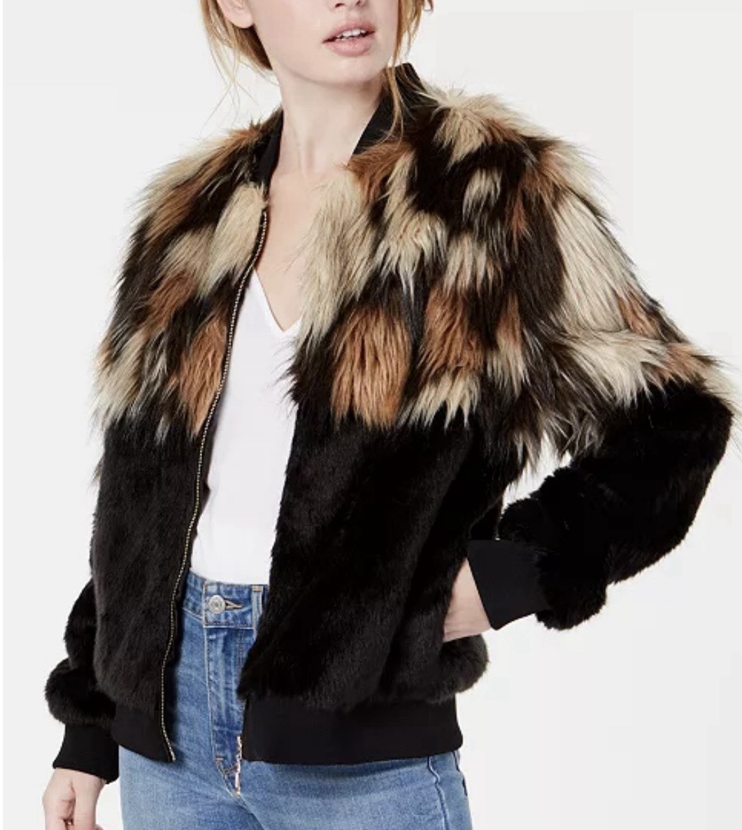 NEW Say What ? Women’s Black Mixed Faux Fur Bomber Jacket Sz S Shaggy Coat