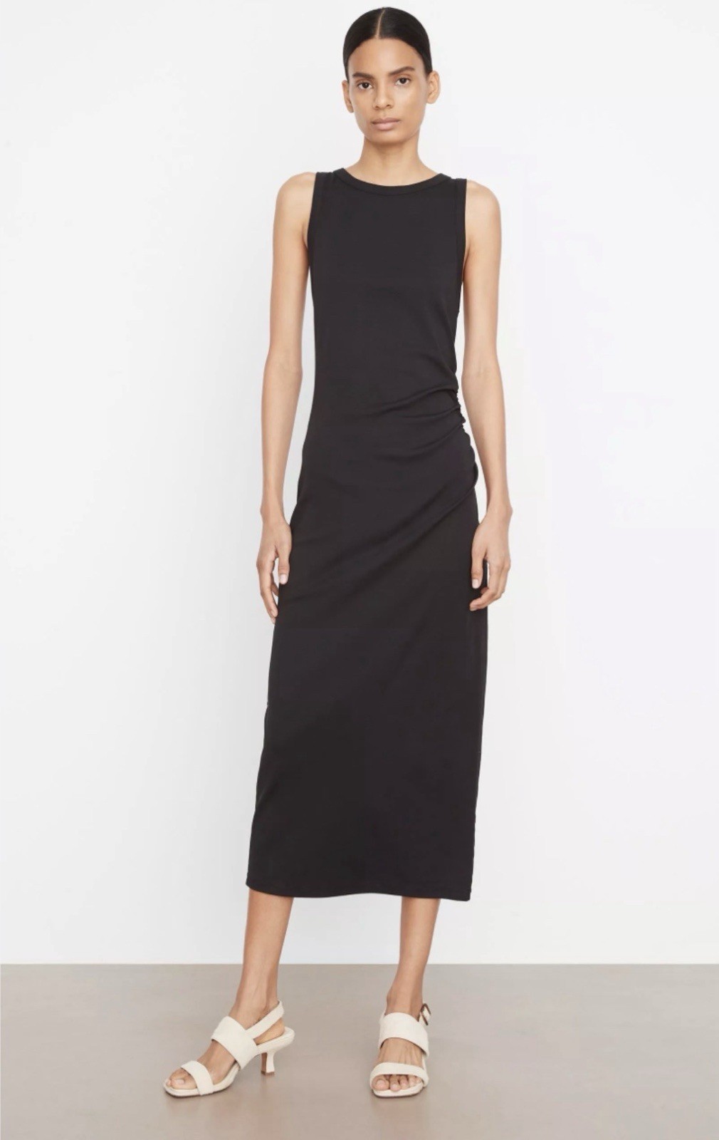 Vince Side Ruched Sleeveless Knit Midi Dress Black, Size L