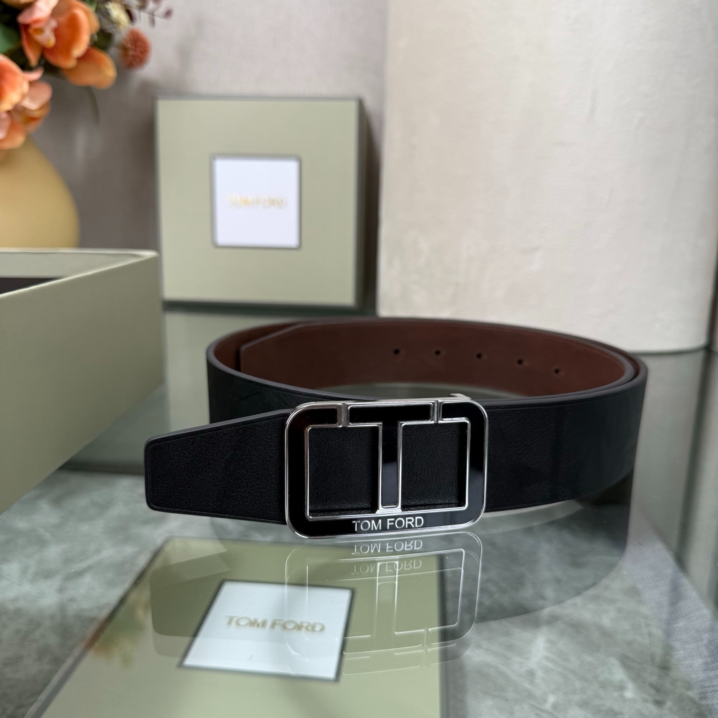Authentic Tom Ford Reversible Leather T-Buckle Belt Luxury Designer Fashion