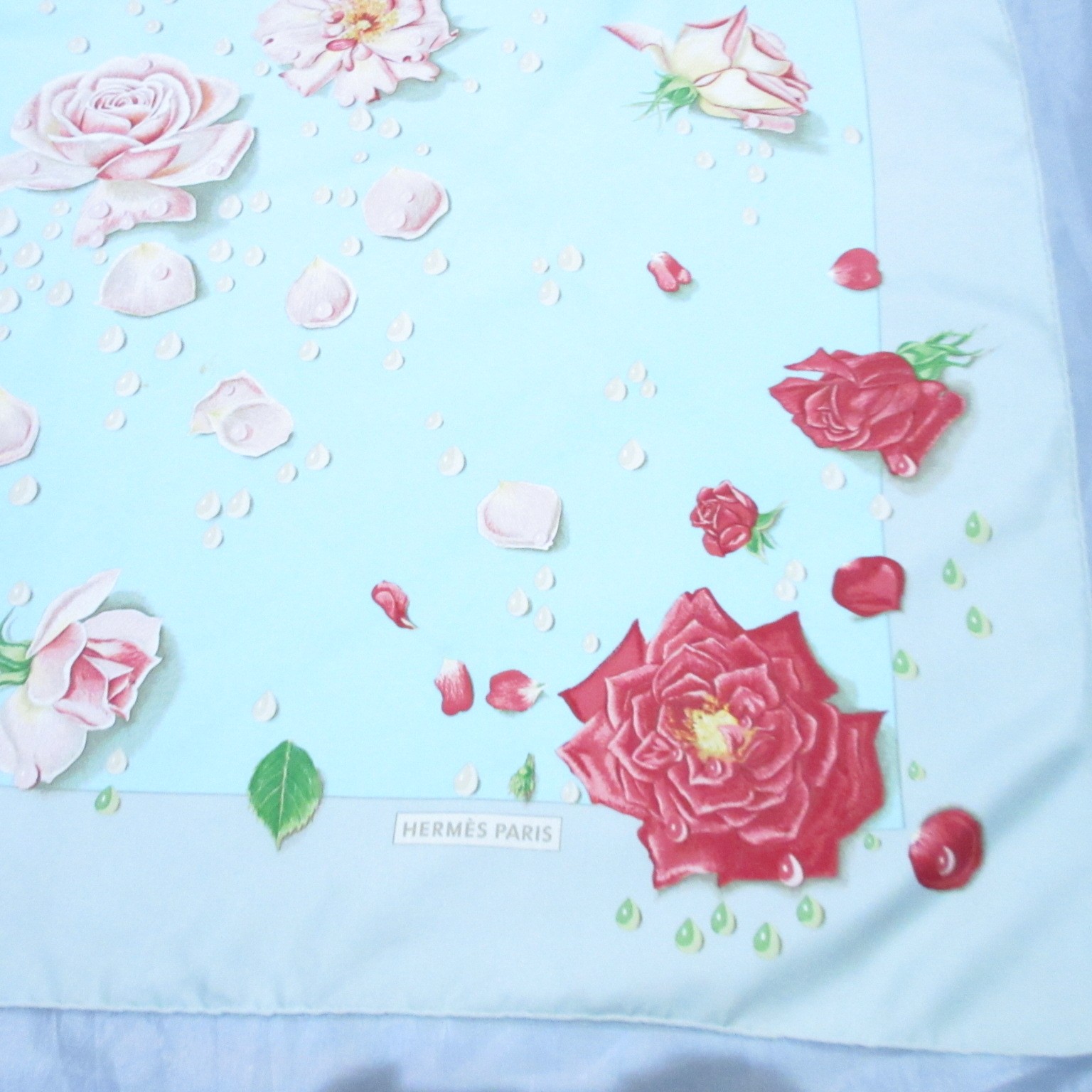 HERMES Carre 90 35 in LA ROSEE Rose Drop Anne Gavarni Silk Scarf VTG [Japan]