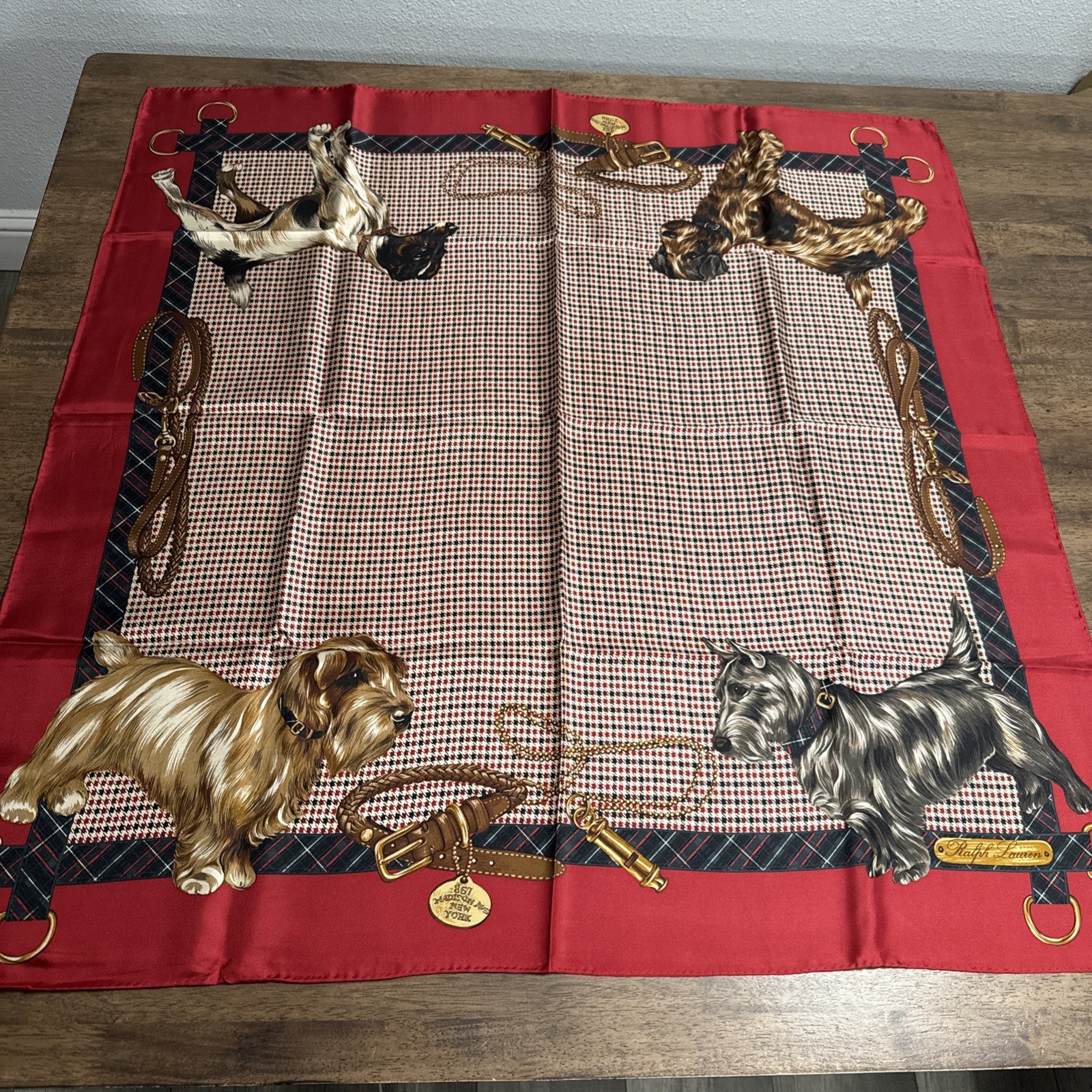 Vintage 35” Ralph Lauren Houndstooth Silk Scarf Best In Show Dogs Heritage Dog