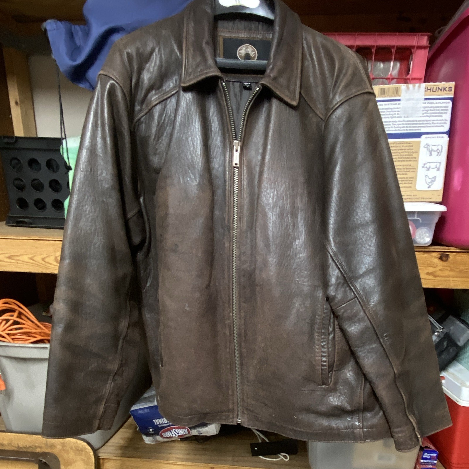 100% Brown Leather Zip-Up Jacket L Collared Short Long Sleeve