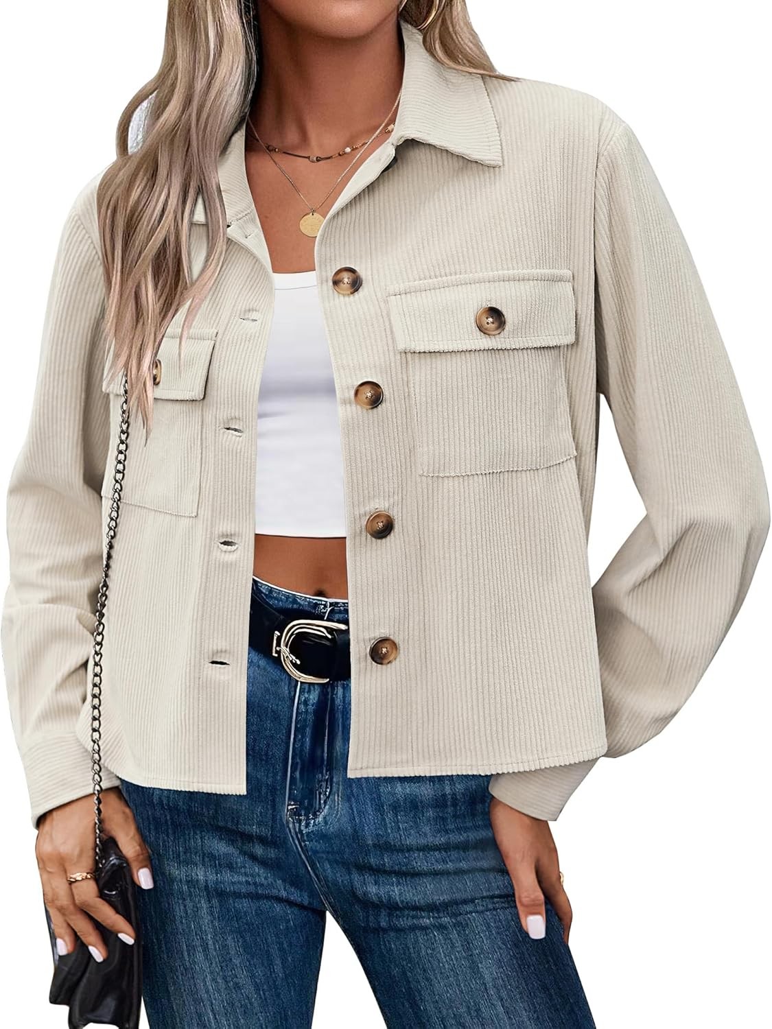 Women Cropped Corduroy Shackets Button Down Jackets Tops Fall long Sleeve Shirt