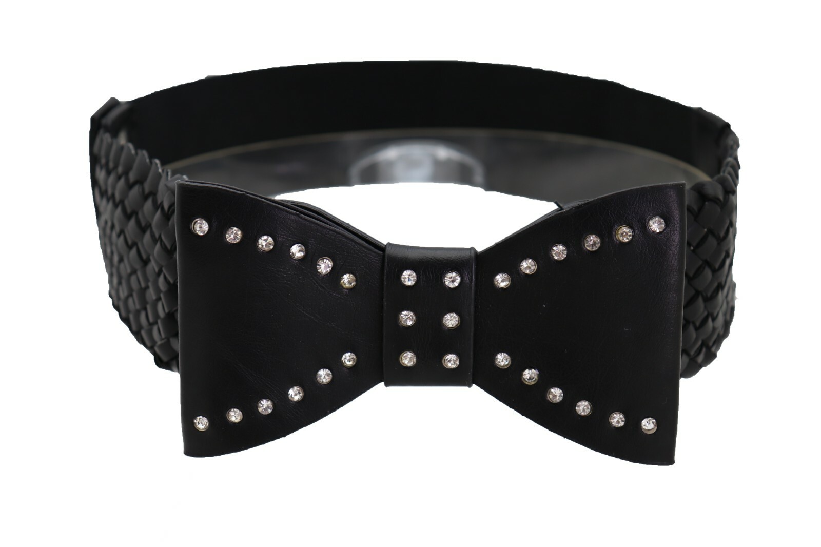 Women Bow Tie Ribbon Buckle Braided Waistband Black Elastic Strap Fashion Belt S
