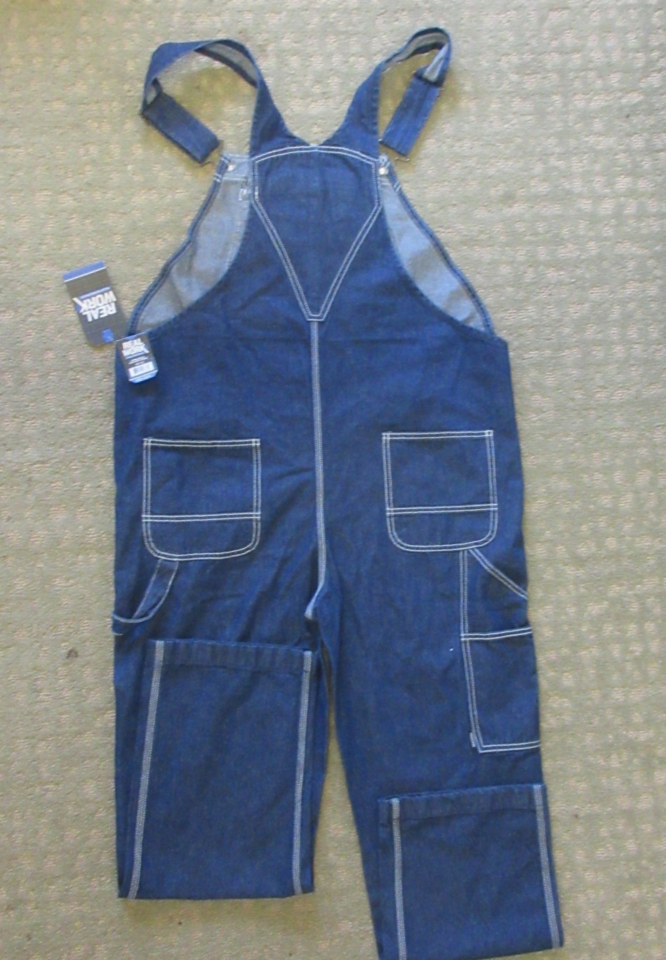 Real Work Men’s Denim Bib Overalls Carpenter Zip Fly Size 42×32 Relaxed Fit NWT