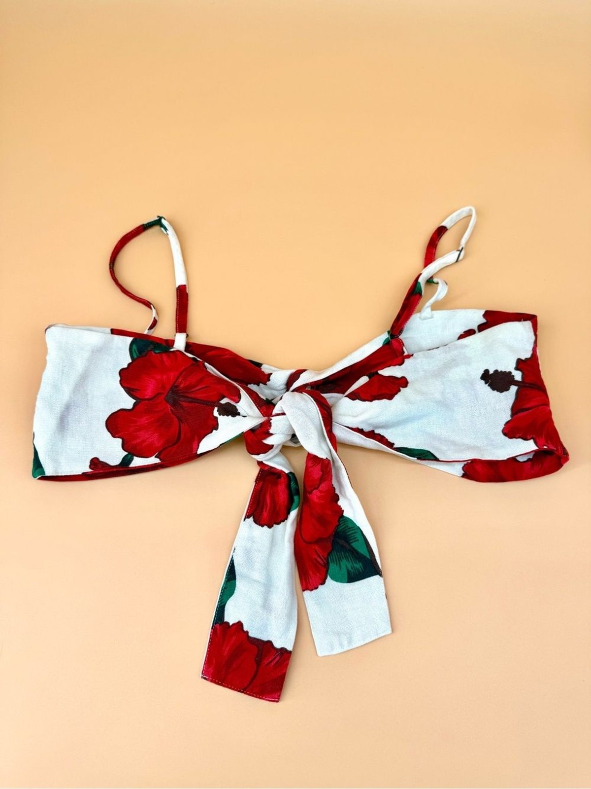 Farm Rio Floral Tie-Back Bandeau Top – Red & White Linen Blend