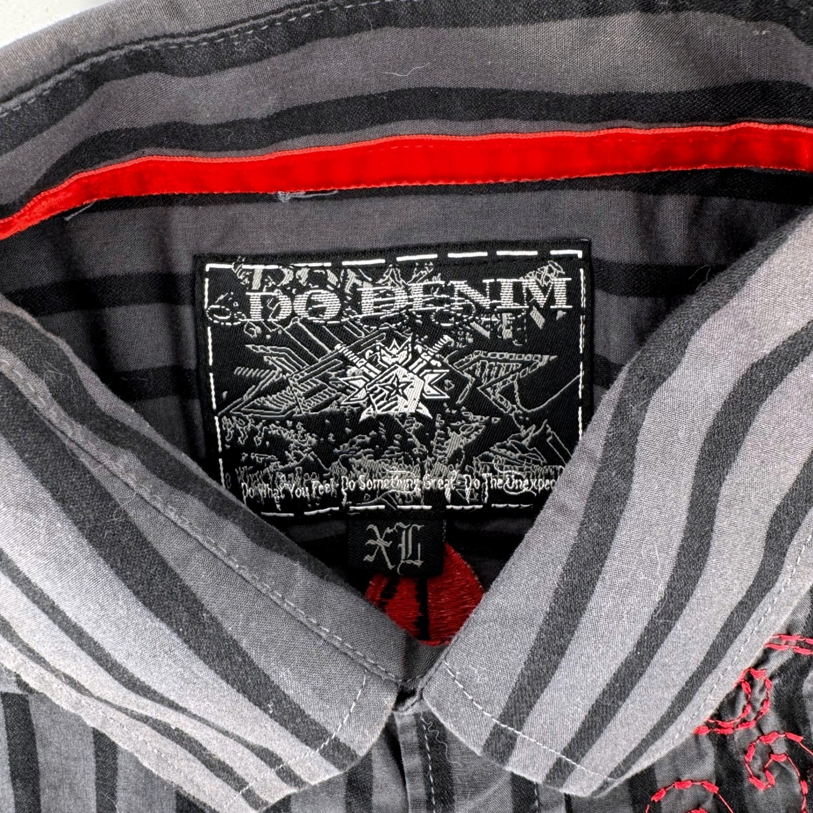 Do Denim Button Down Shirt Men XL Grey Black Stripe Fleur De Lis Red Embroidered