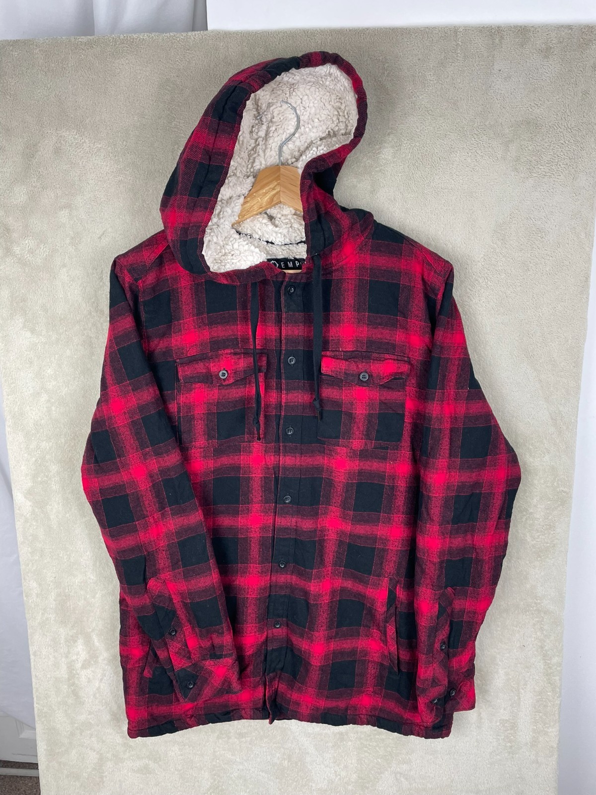 Men’s Fleece Lined Hooded Flannel Shacket Jacket Size M Medium Button Up Empyre