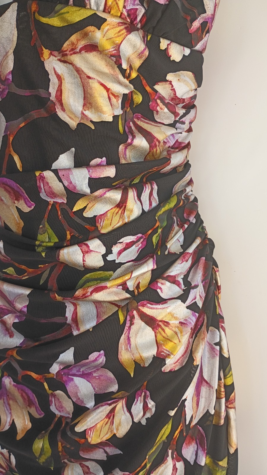 NBD Revolve Deidre Midi Dress Black Pink Floral Ruched Cocktail Wedding Guest L