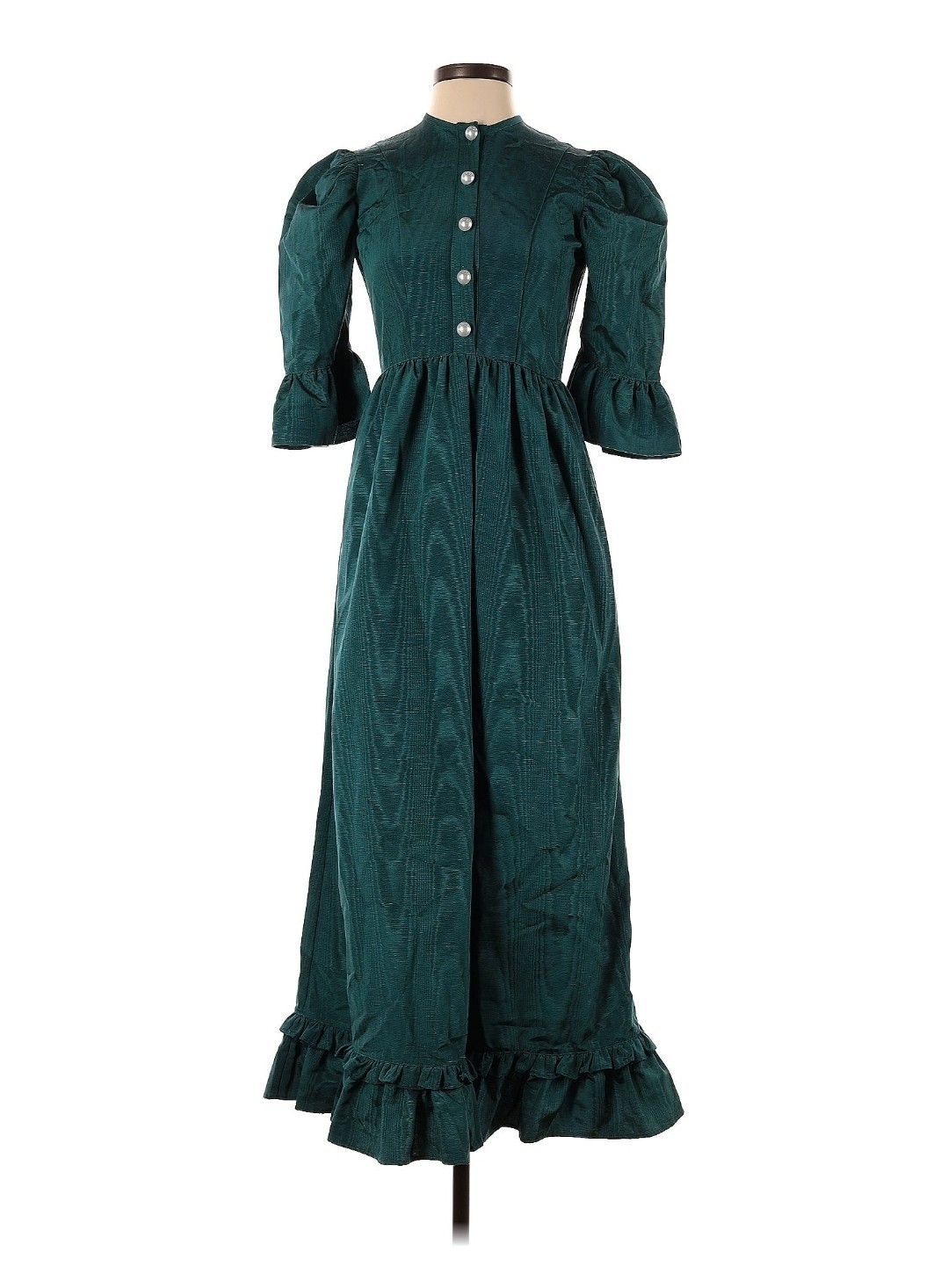 Batsheva Teal Short Sleeve Long Maxi Ruffle Dress Pearl Buttons Size 2