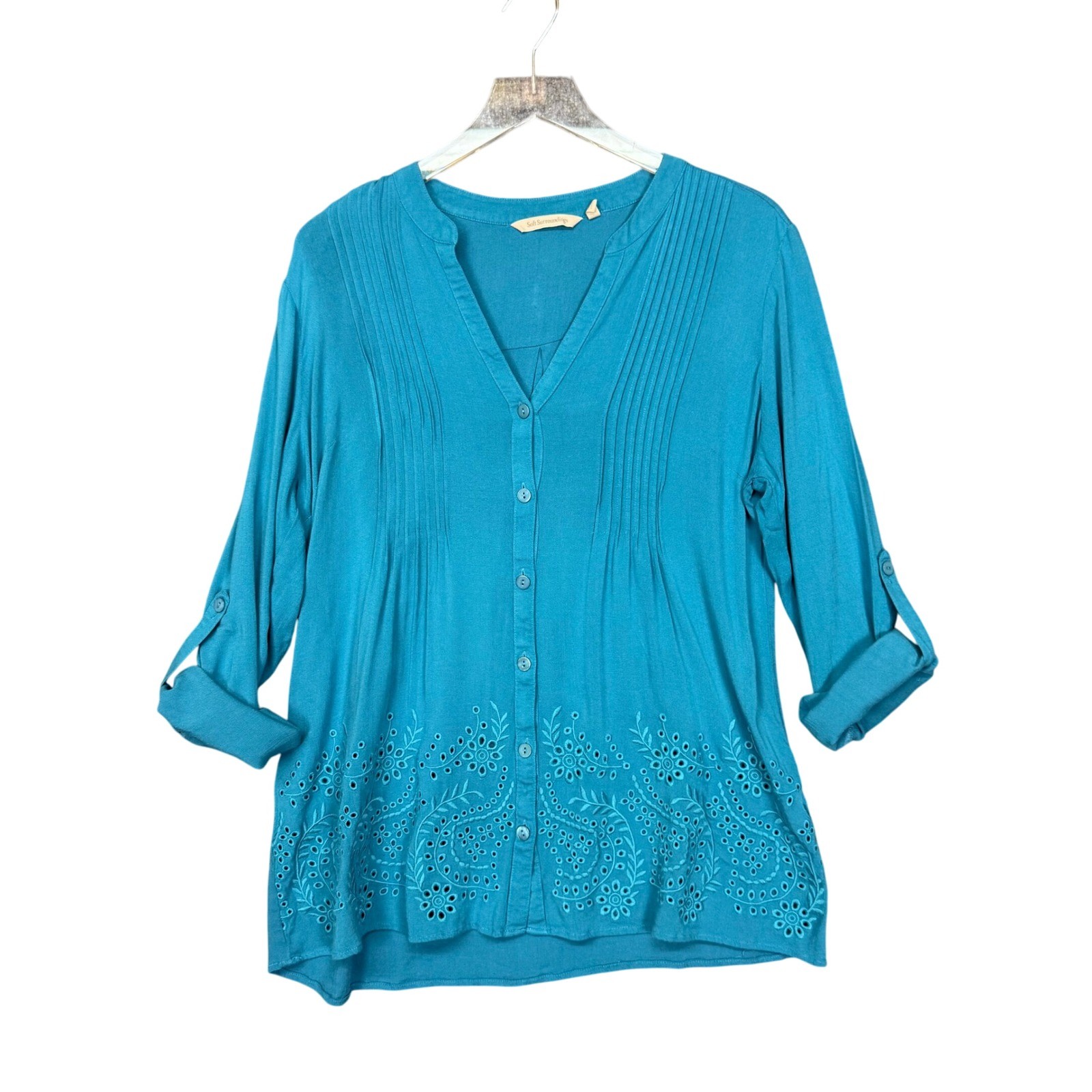Soft Surroundings Top Womens Medium Teal Blue Eyelet Embroidered Blouse Pintuck