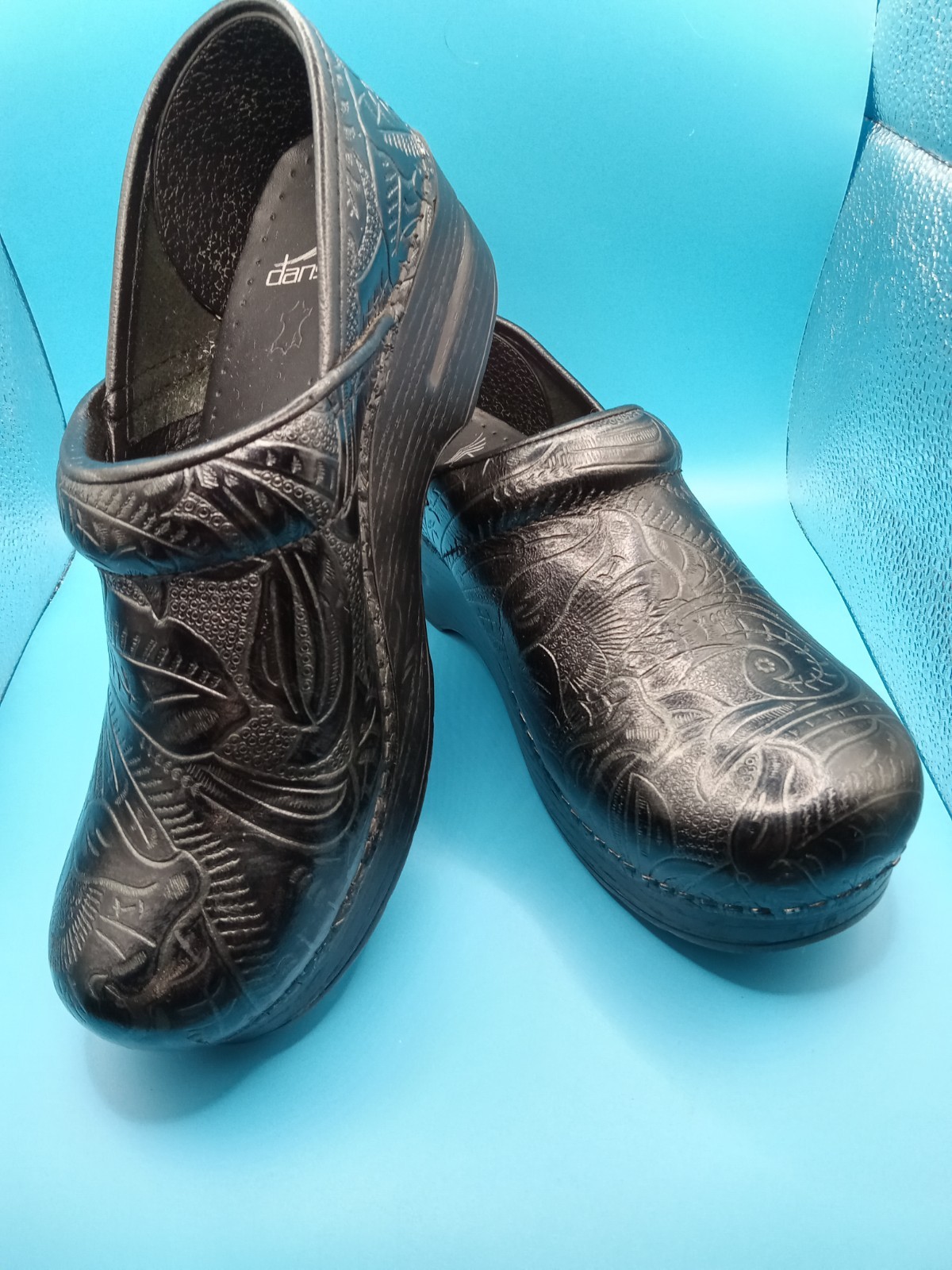 Dansko Clogs Womens 37 EU 6.5 US Antique Tooled Leather Black Paisley Shoes