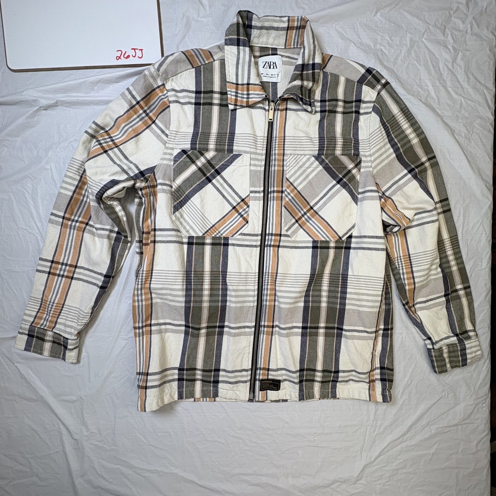 Zara Mens Jacket, plaid zipper size Large white/orange/gray/blue/green blouson