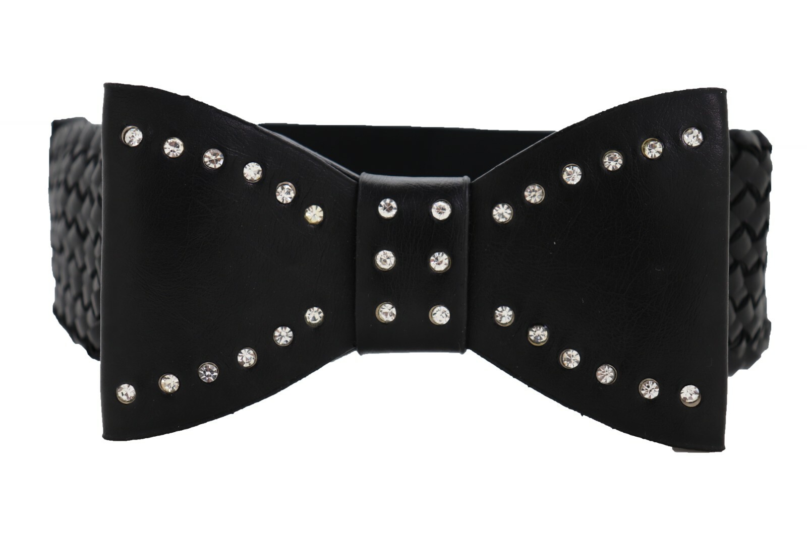 Women Bow Tie Ribbon Buckle Braided Waistband Black Elastic Strap Fashion Belt S