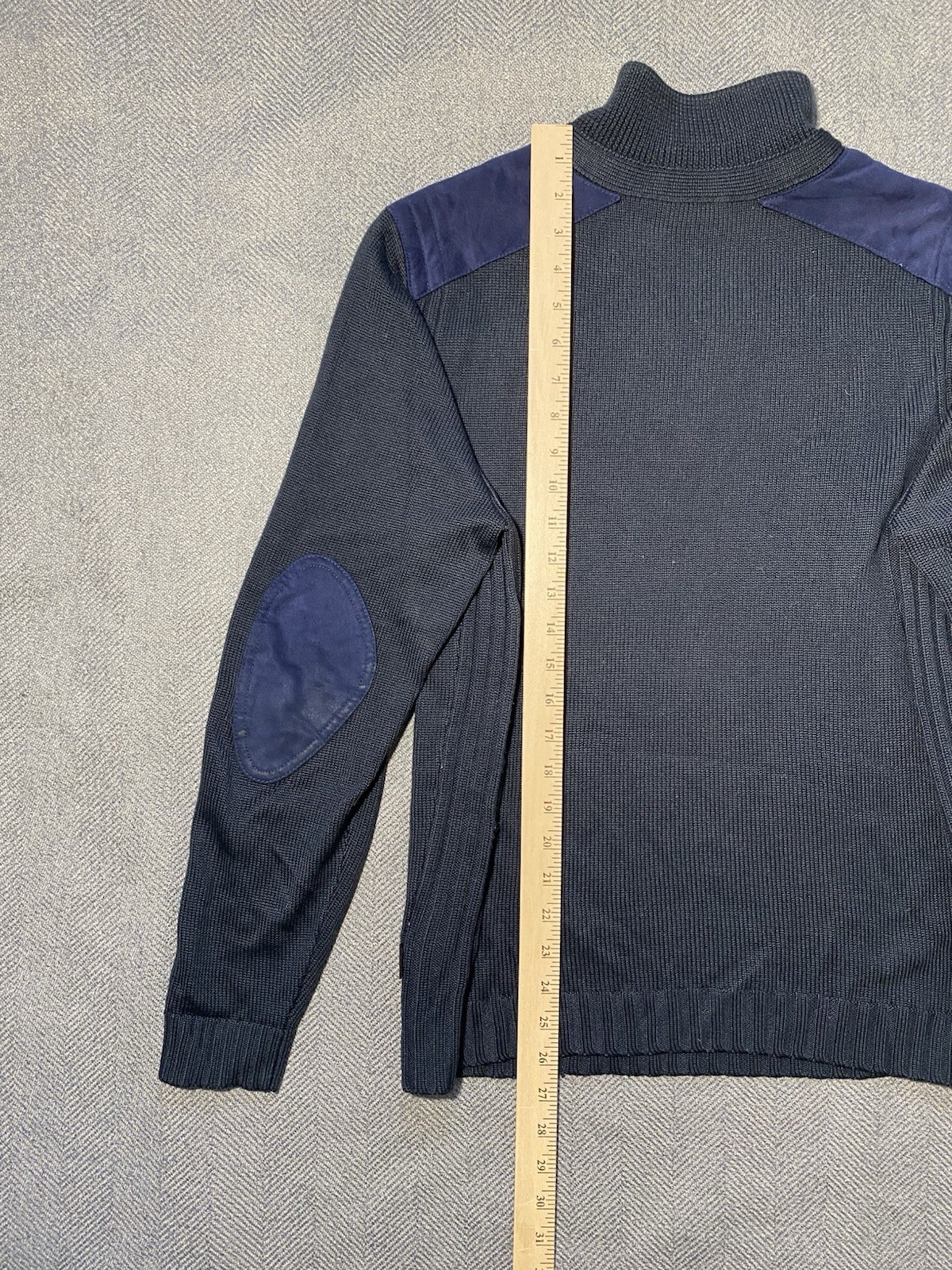 Hugo Boss Sweater Mens L Navy Quarter Zip Wool Elbow Patch Knit