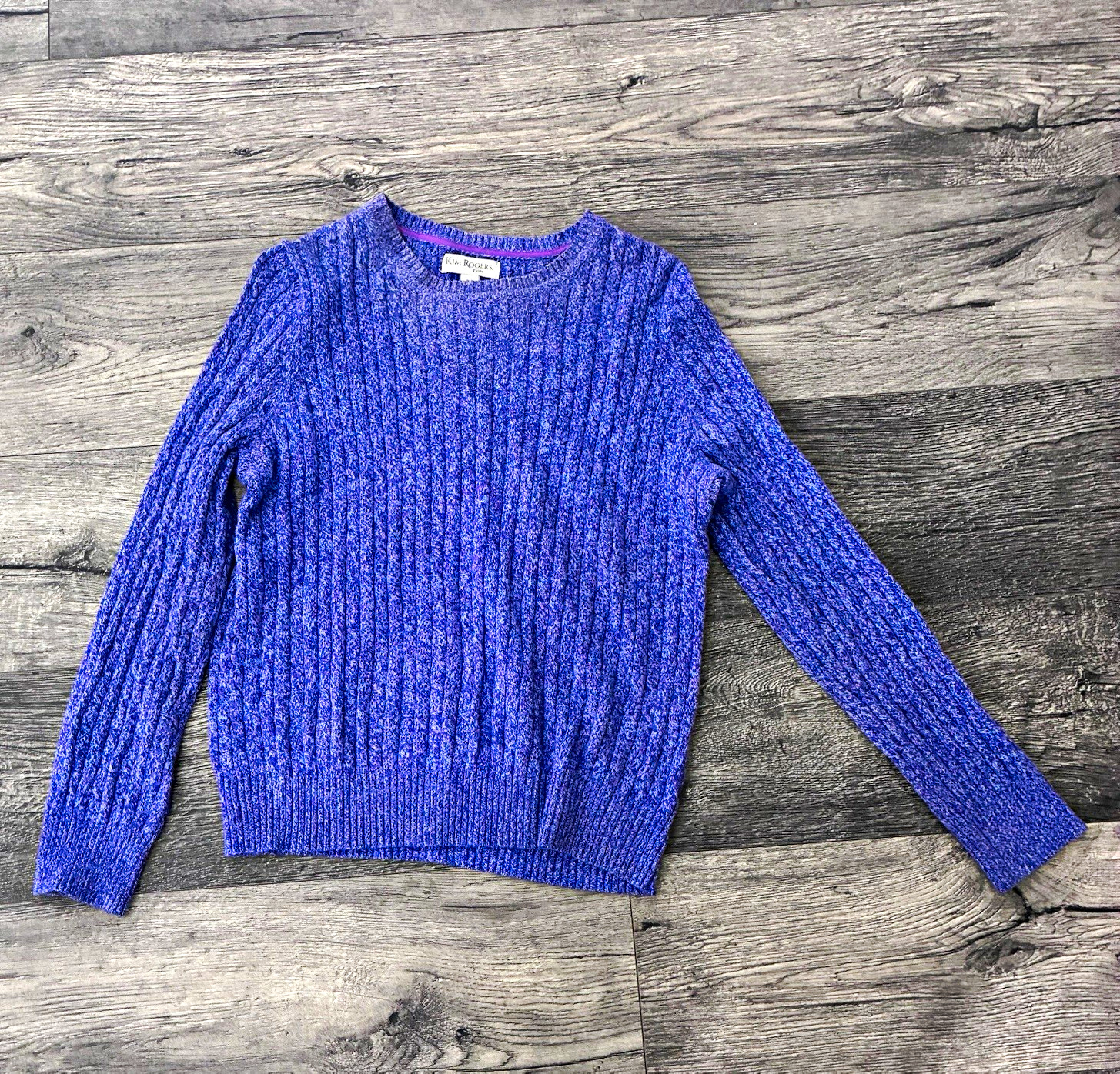Kim Rogers Women’s Petites PM Purple Rib-Knit Crew Neck Pullover Sweater