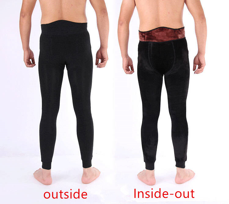 Black Men Fur Lined Elastic Warm Thermal Long Johns Legging Underwear Pants
