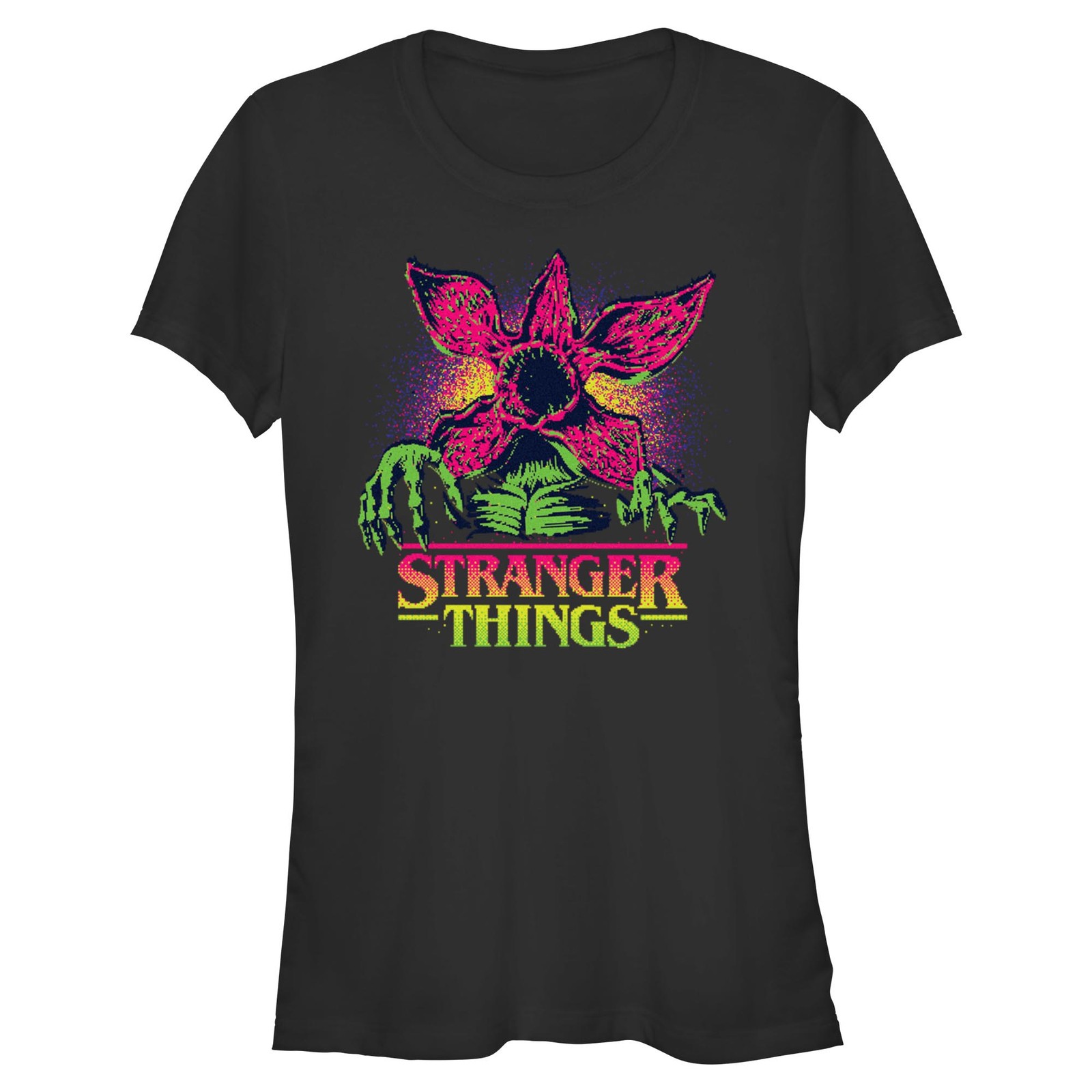 Junior’s Stranger Things Demogorgon Neon Pixel Logo T-Shirt