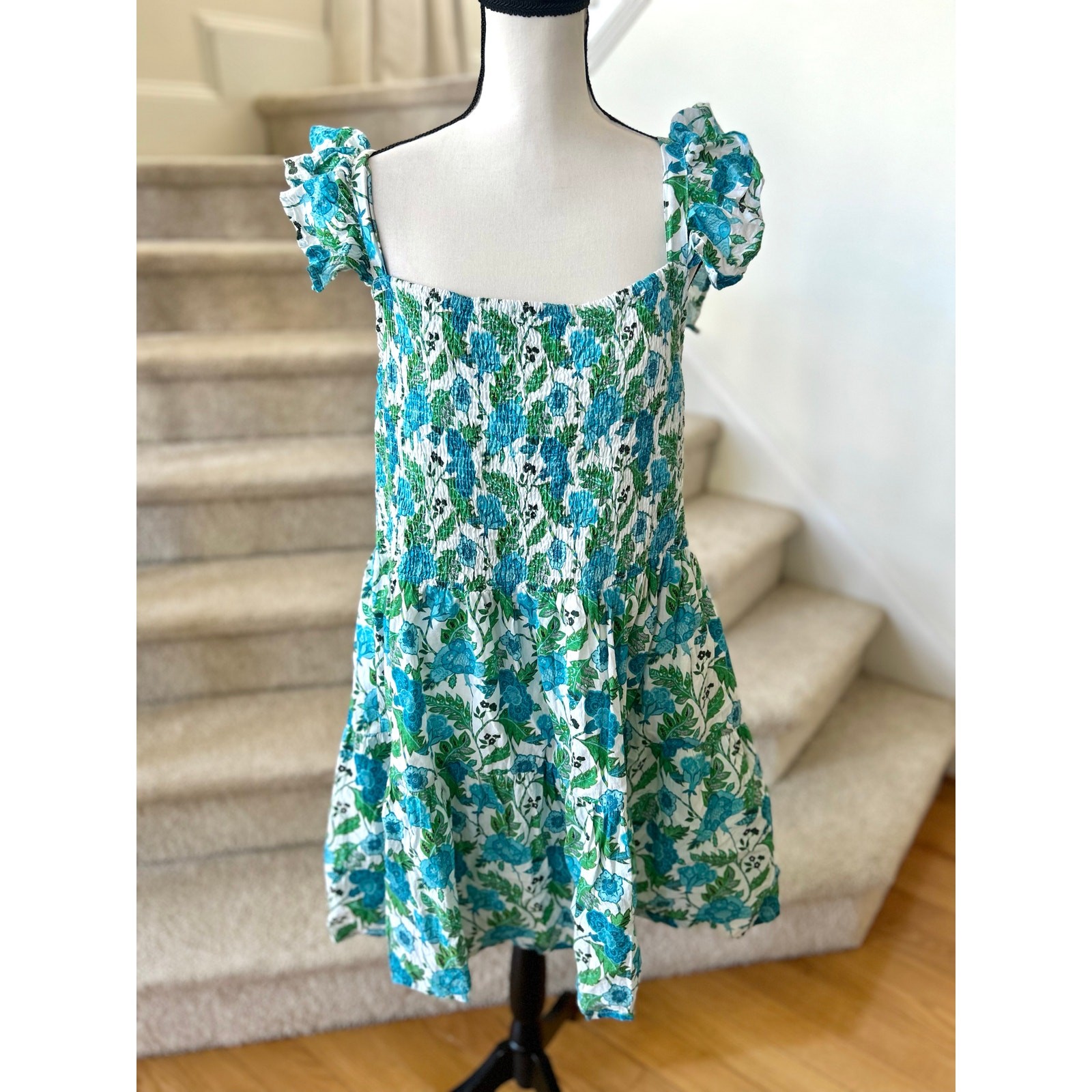 Victoria Dunn Blue, Green White Floral Block Print Shirred Ruffle Sleeve Dress
