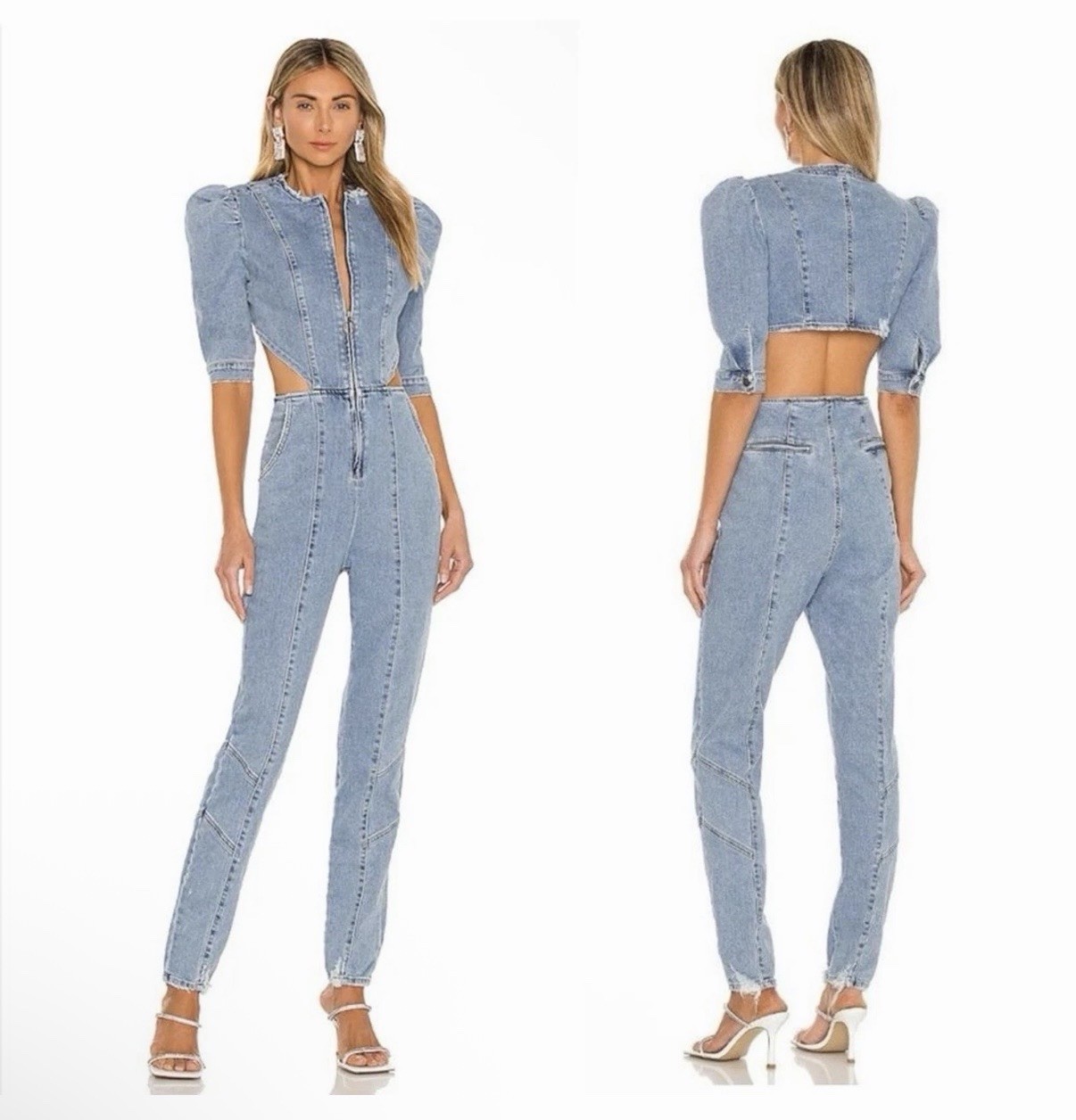 Retrofete Kiara Puff Sleeve Cutout Jumpsuit in Light Laguna Denim Jean XS NWT