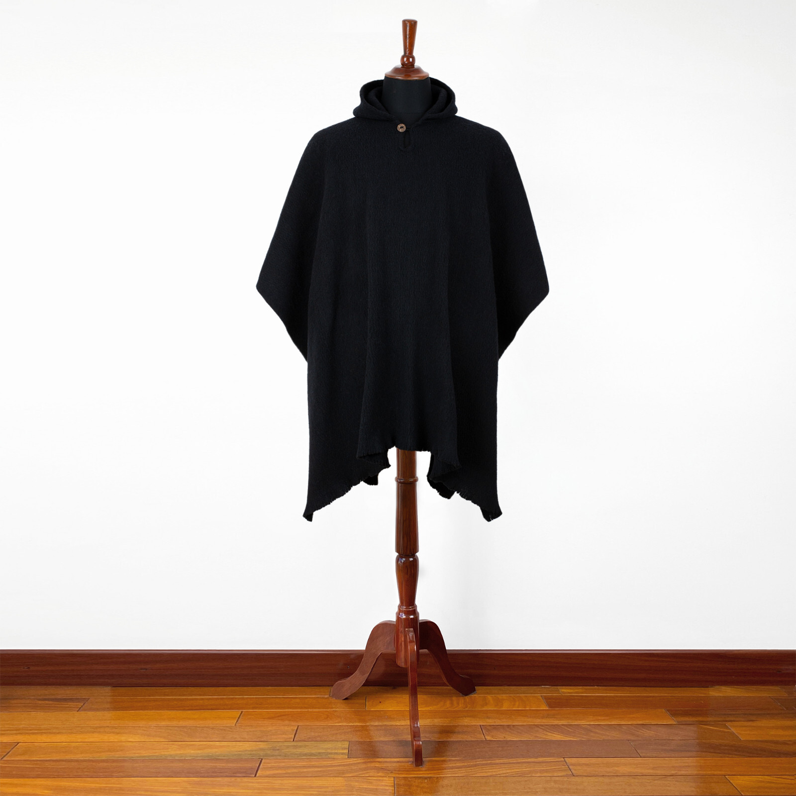 LLAMA WOOL MENS WOMANS UNISEX HOODED PONCHO ETHNIC TRIBAL BOHO SOLID BLACK S-XL