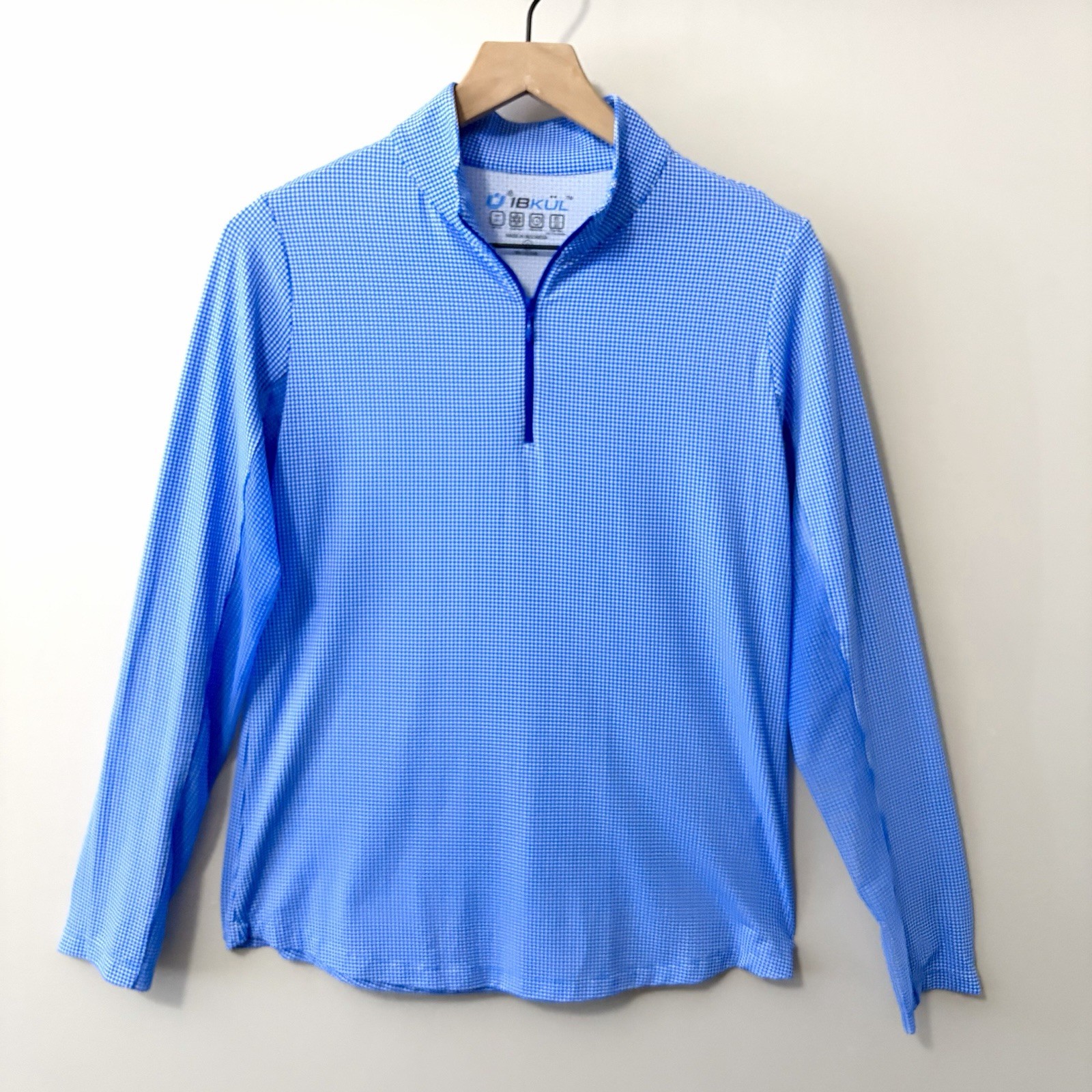 IBKUL Long Sleeve Mock Neck Top Blue Gingham Mini Check Print Size Medium
