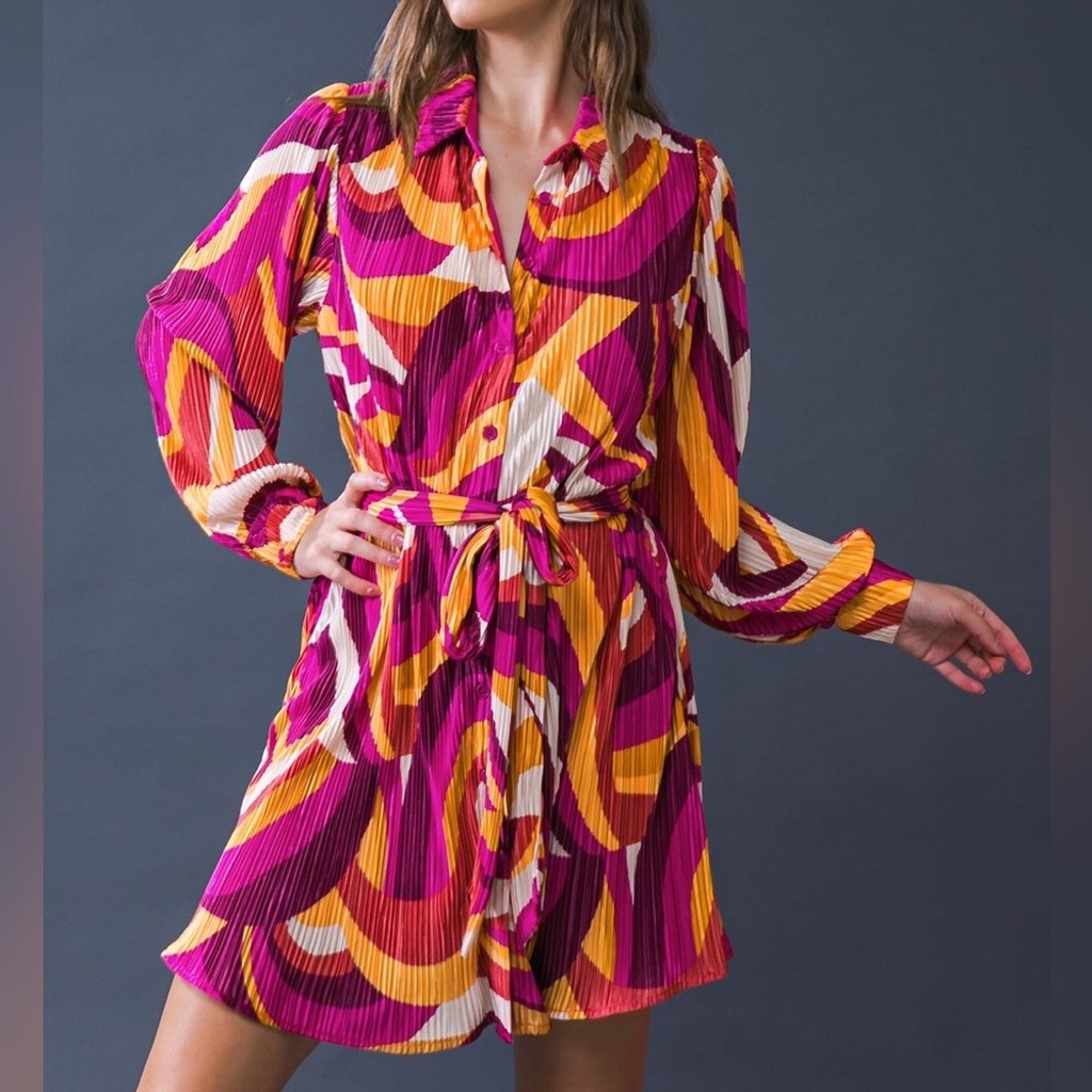 Flying Tomato Pleated Printed Mini Dress Orange Pink Sz Medium $76 NWT