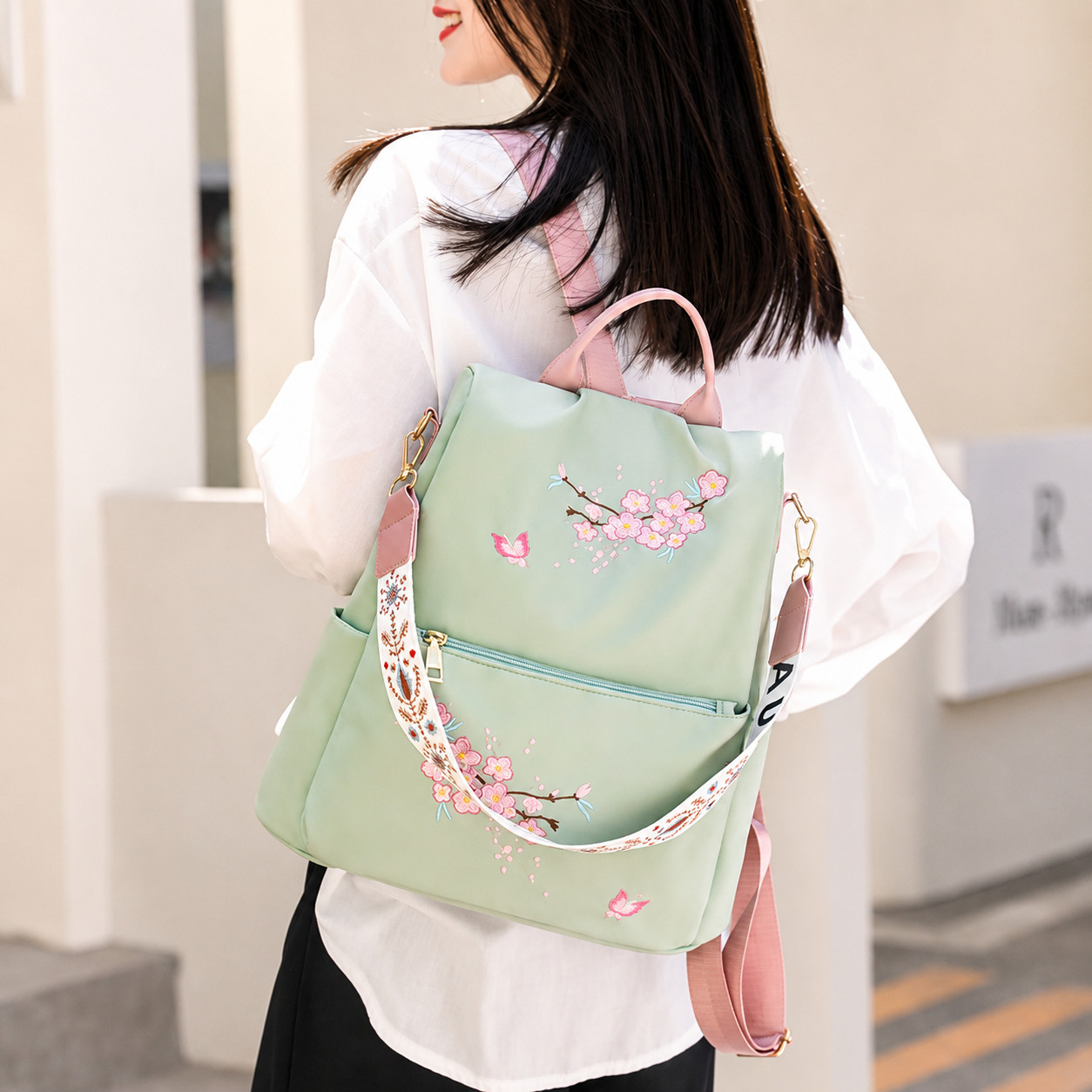 Women Cherry Blossom Embroidery Backpack Anti-Theft 2in1 Shoulder Bag Black