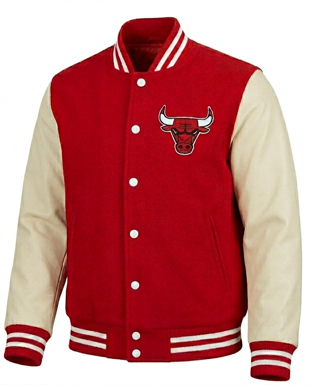 Chicago Bulls Red Body White Sleeves Varsity Jacket Baseball Jacket All Size