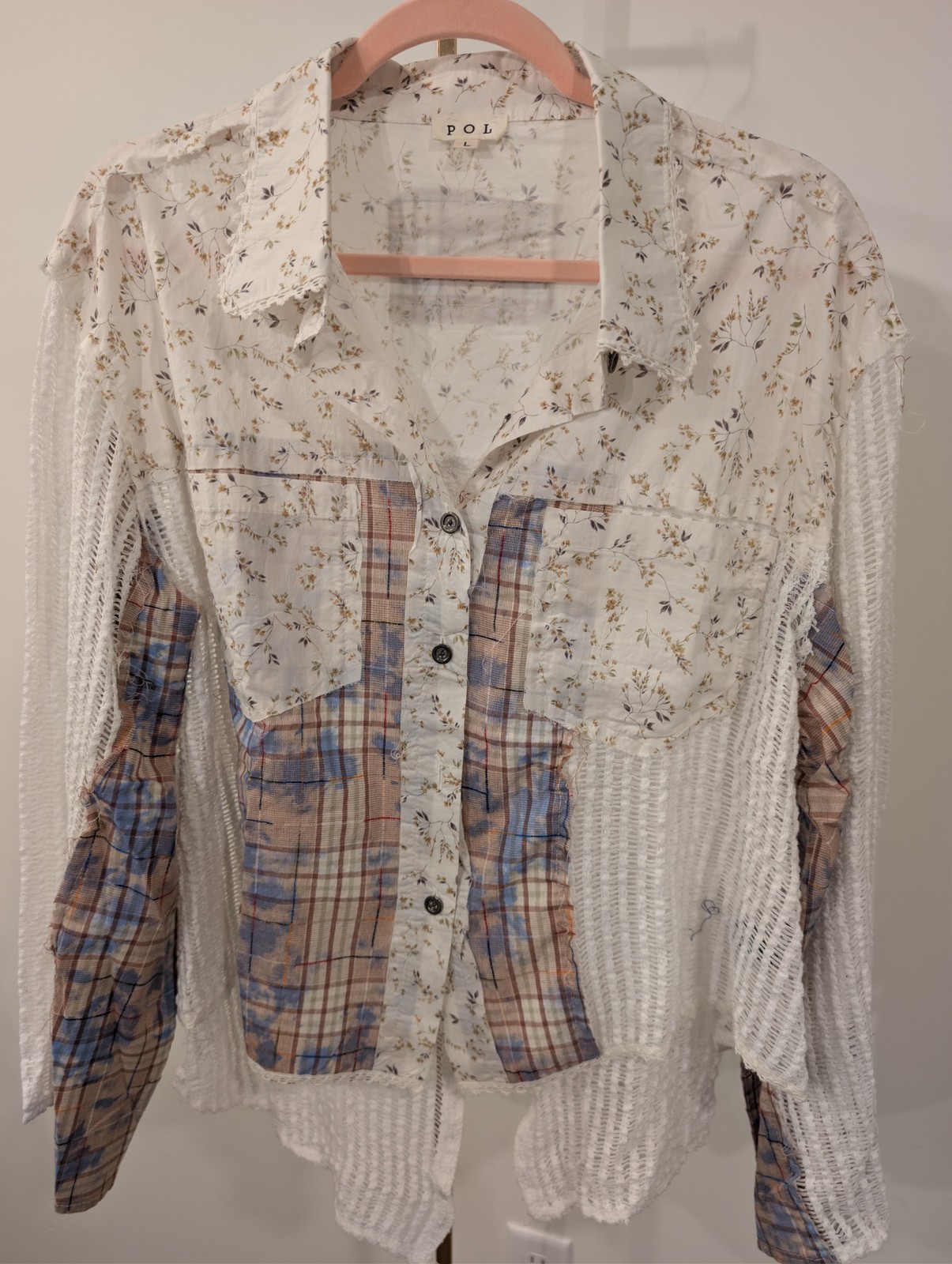 1056 – Pol Floral Patchwork Mesh Button Front Shirt Womens New Size L