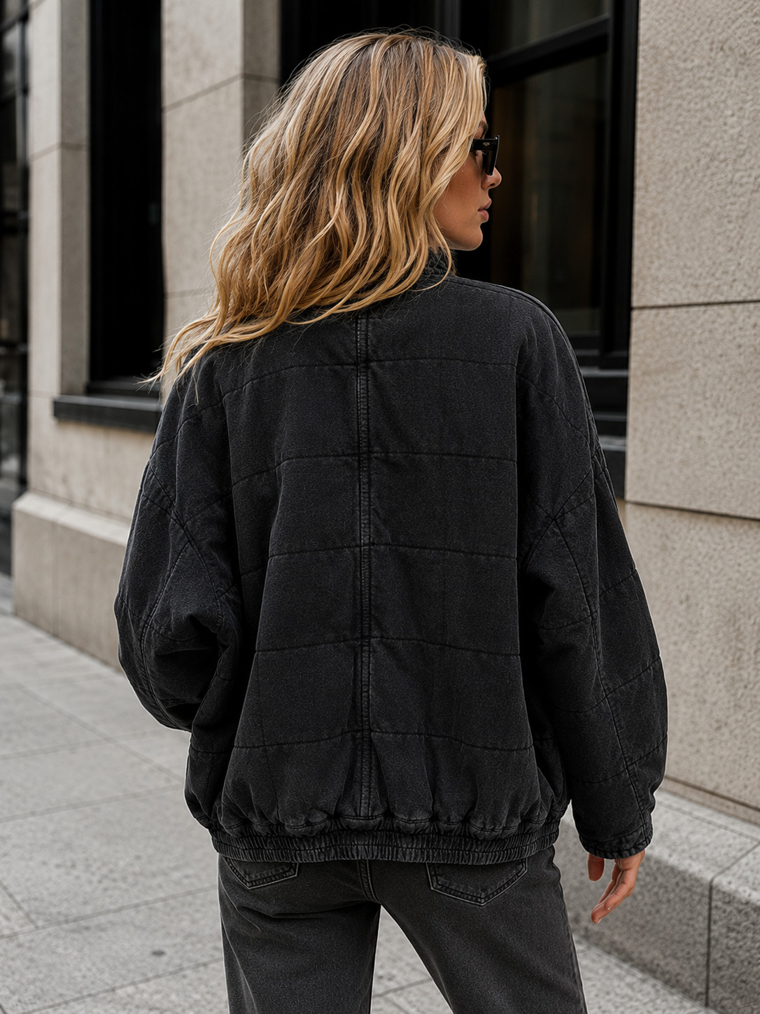 Free People “Dolman” knit quilted zip-up jacket, washed black, size L